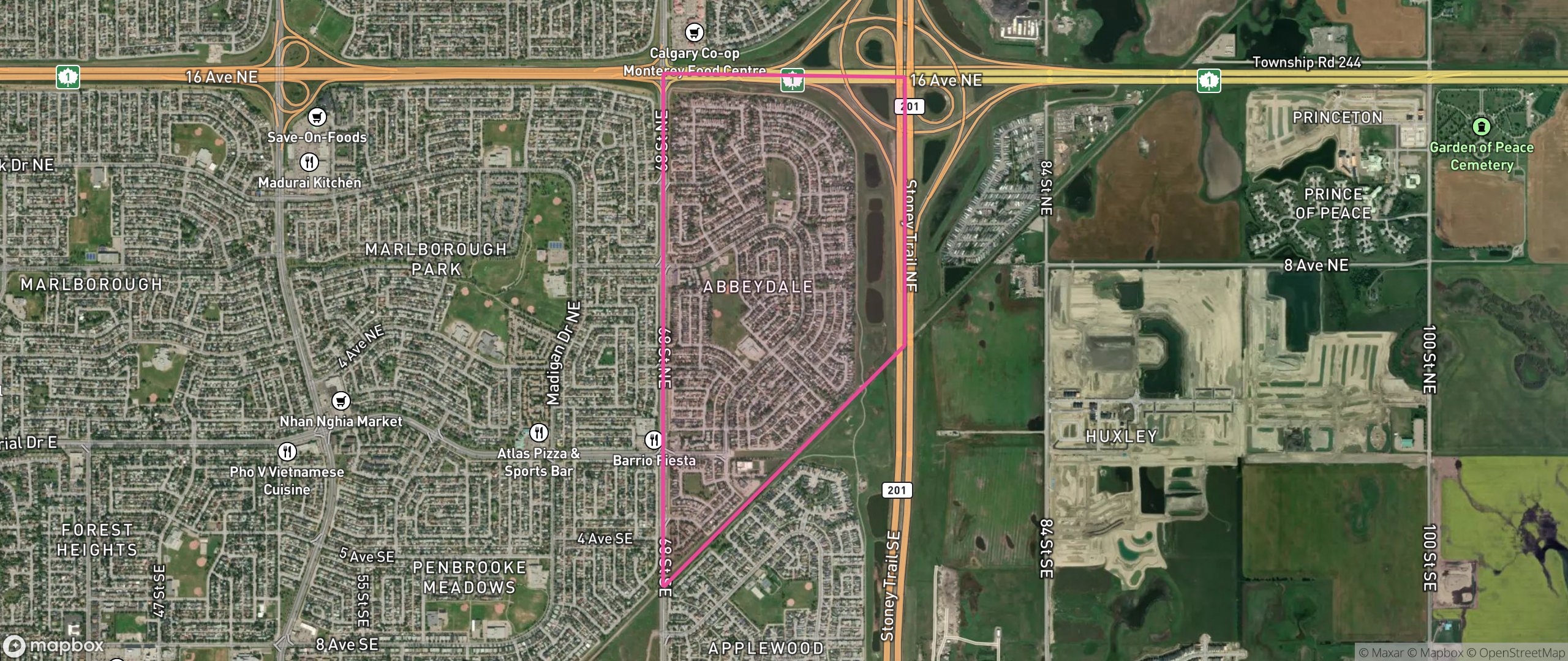 Map of Abbeydale, Calgary showing the community boundary