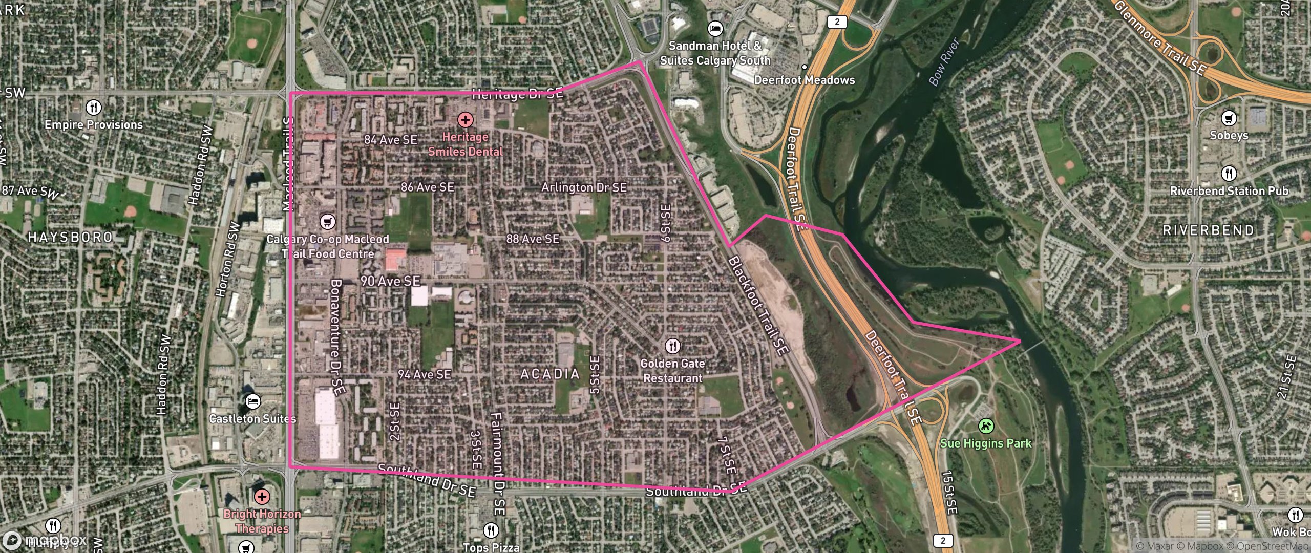 Map of Acadia, Calgary showing the community boundary