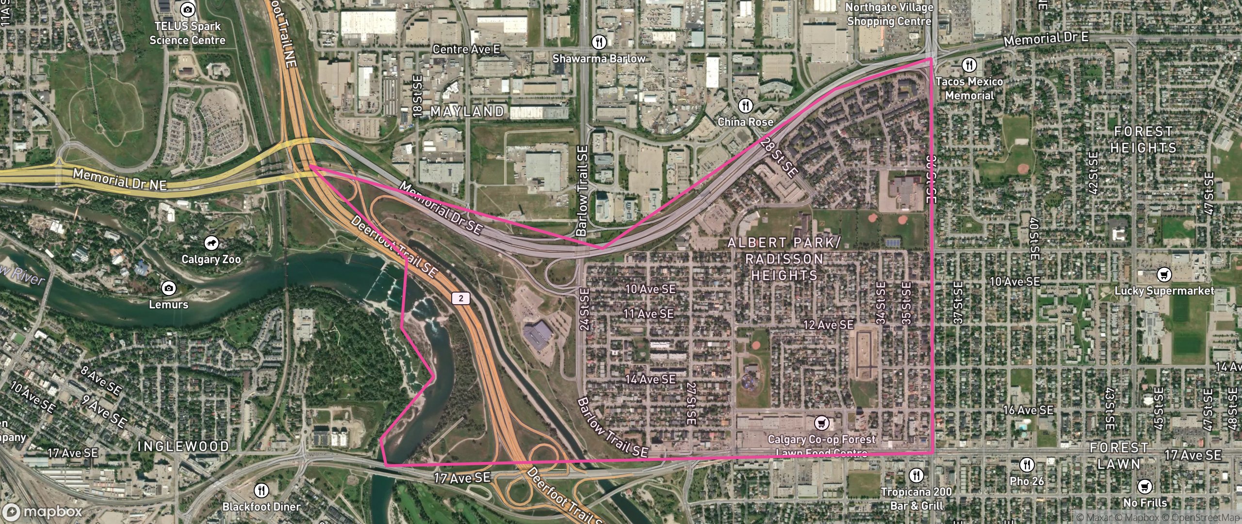 Map of Albert Park/Radisson Heights, Calgary showing the community boundary