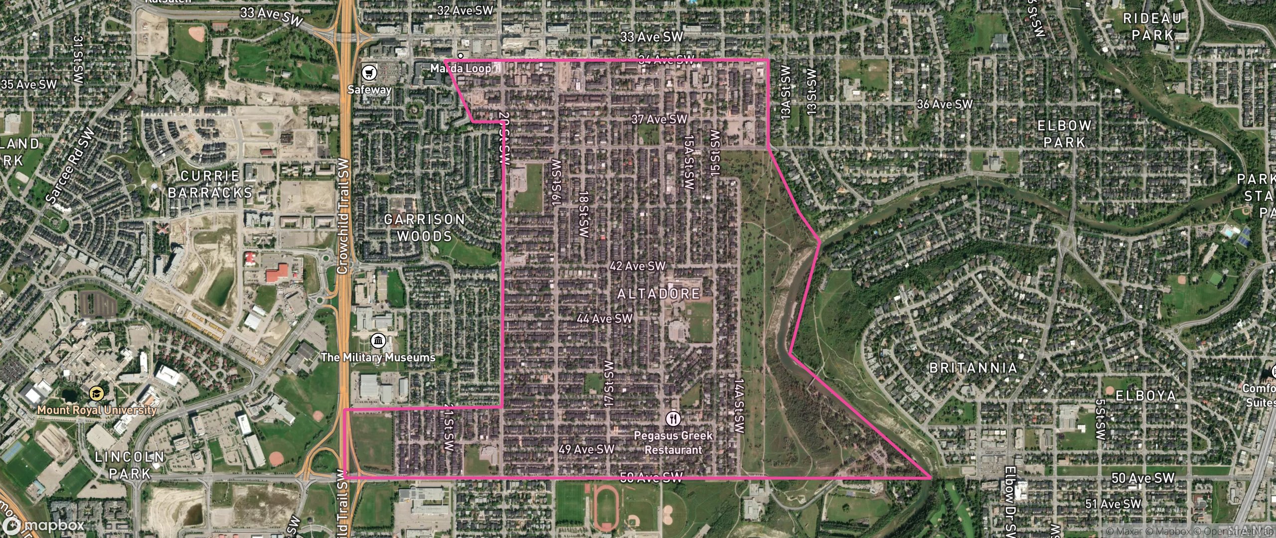 Map of Altadore, Calgary showing the community boundary