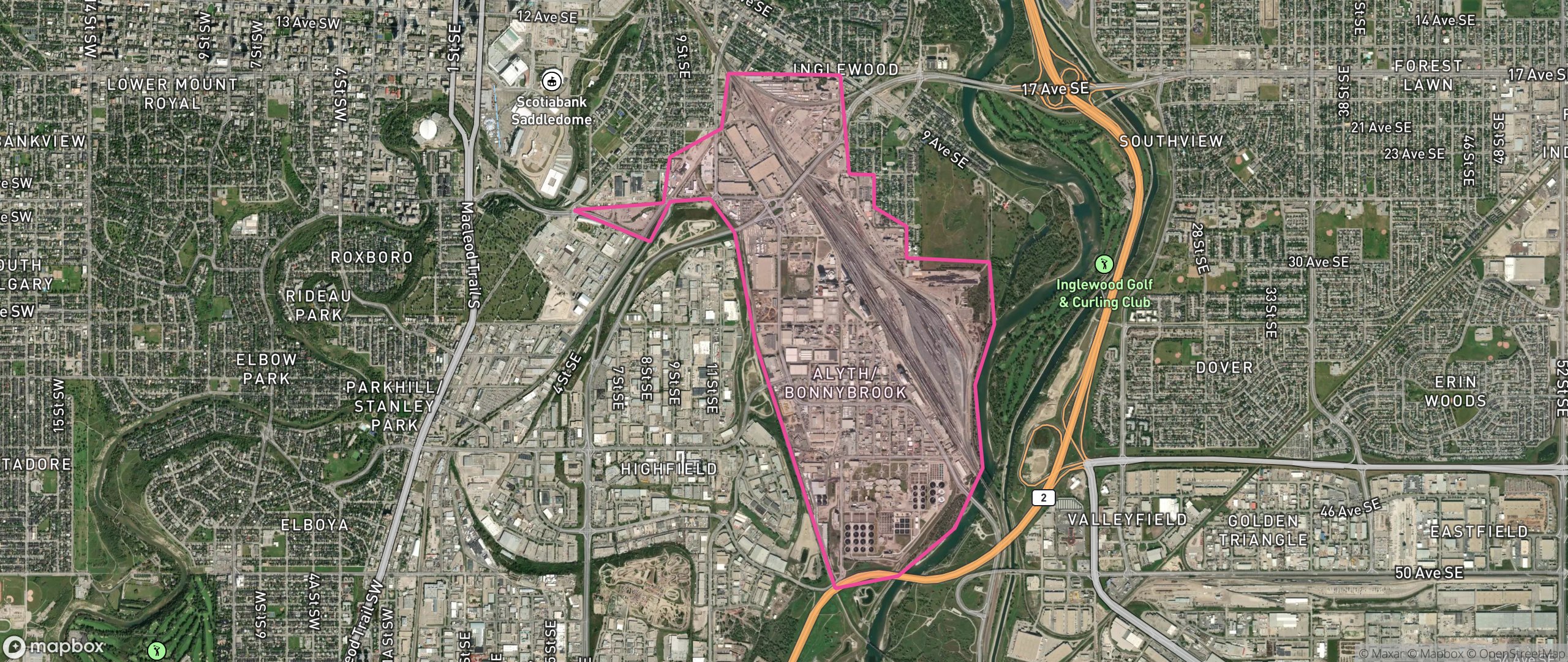 Map of Alyth/Bonnybrook, Calgary showing the community boundary
