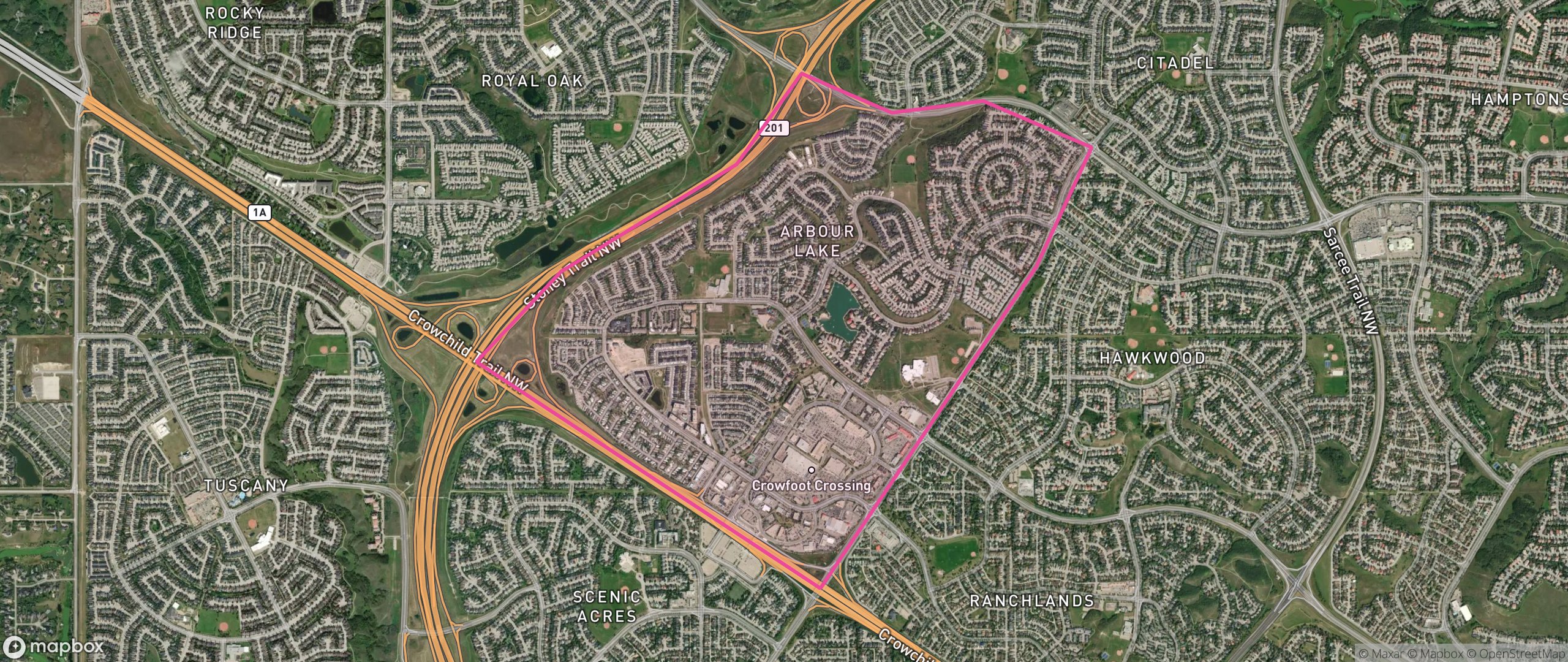 Map of Arbour Lake, Calgary showing the community boundary