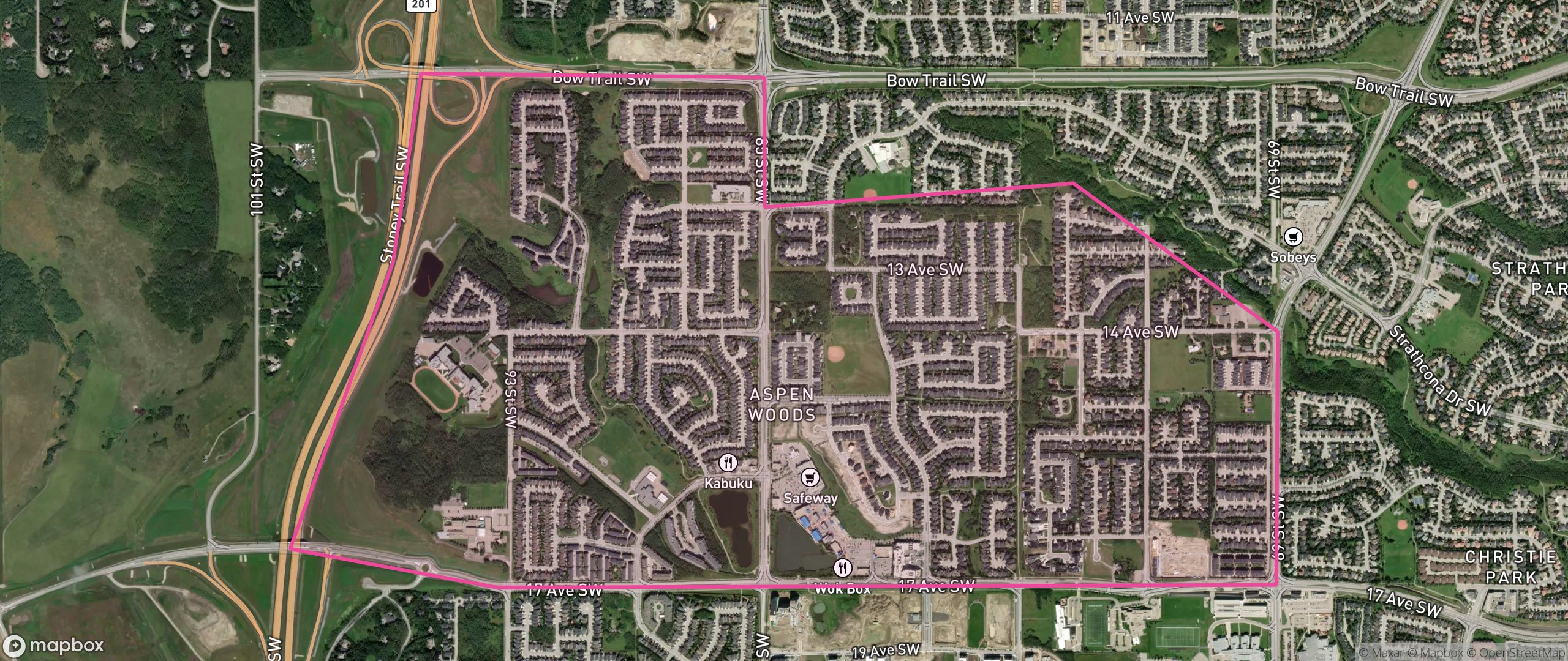 Map of Aspen Woods, Calgary showing the community boundary