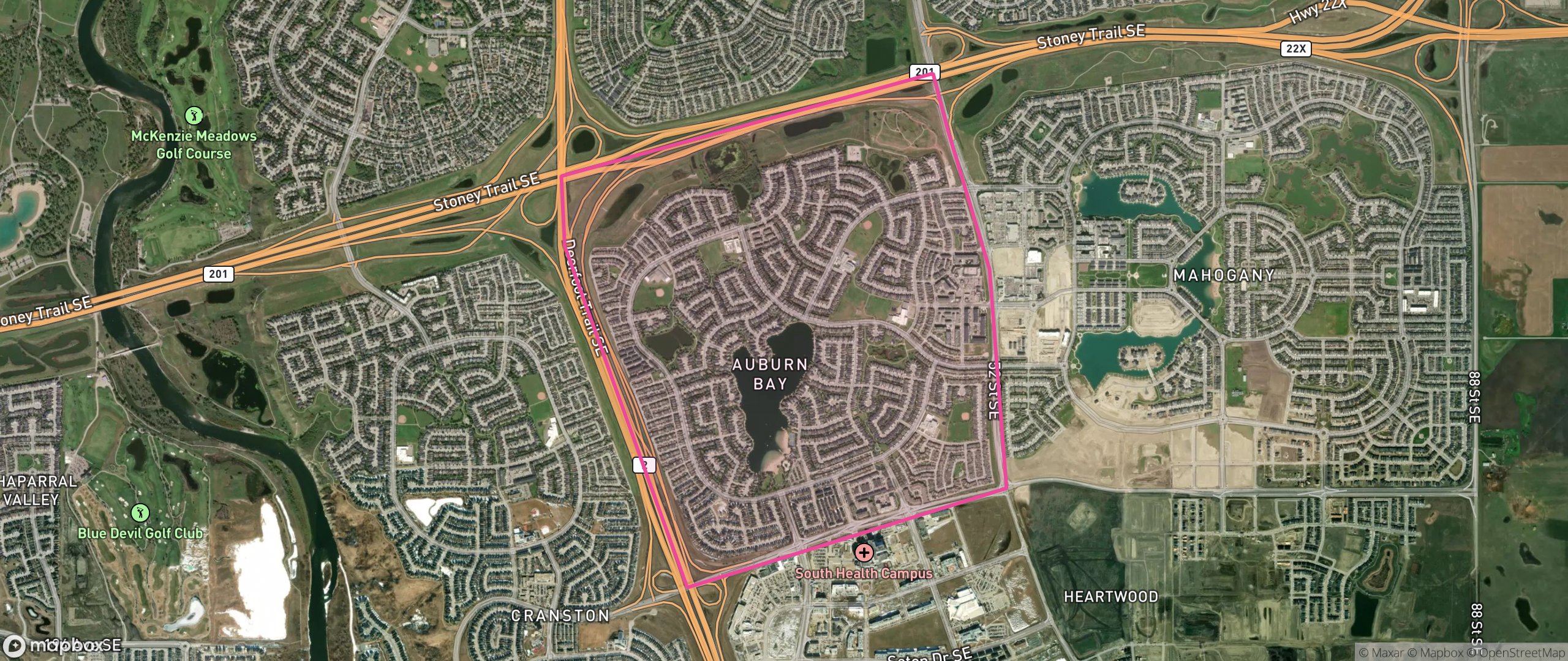 Map of Auburn Bay, Calgary showing the community boundary
