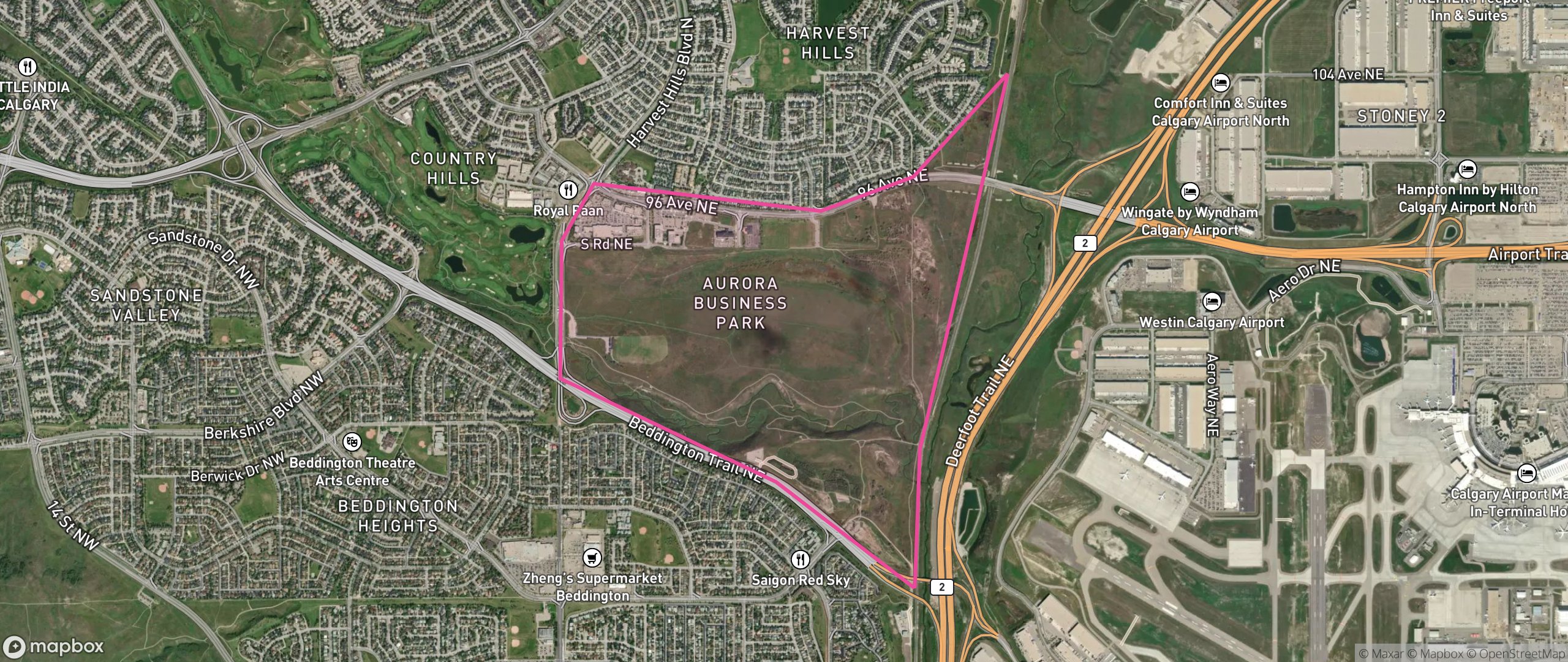 Map of Aurora Business Park, Calgary showing the community boundary