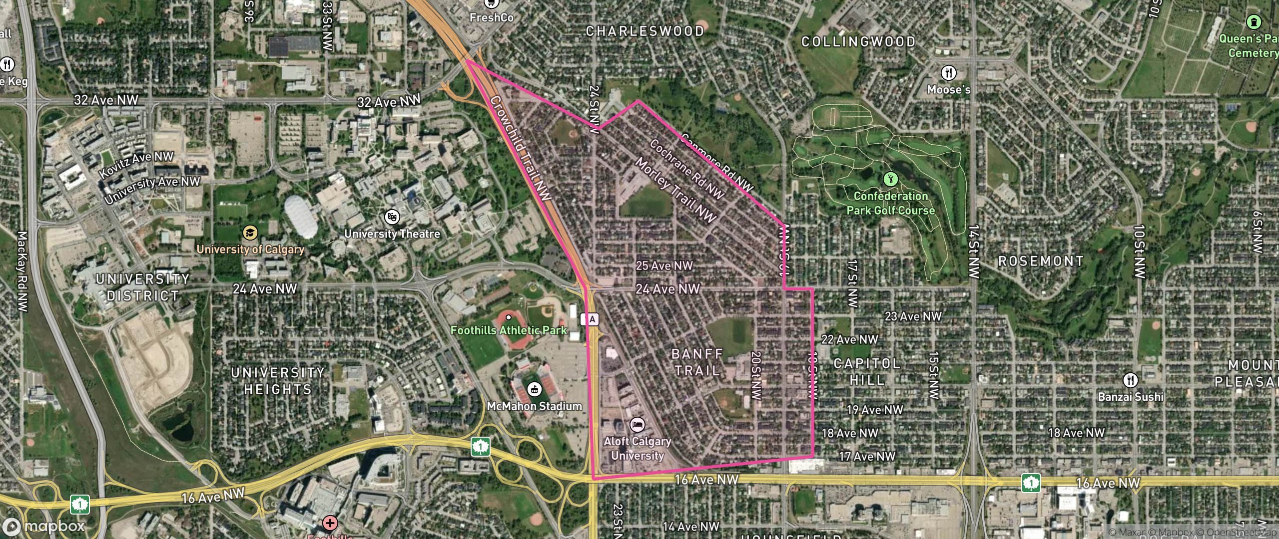 Map of Banff Trail, Calgary showing the community boundary