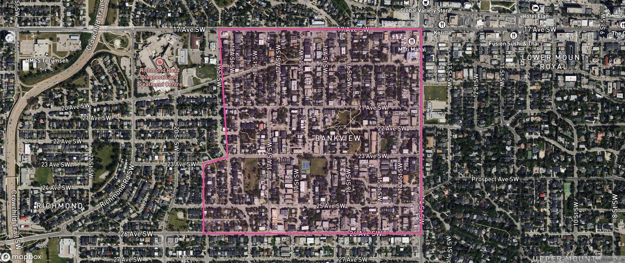 Map of Bankview, Calgary showing the community boundary