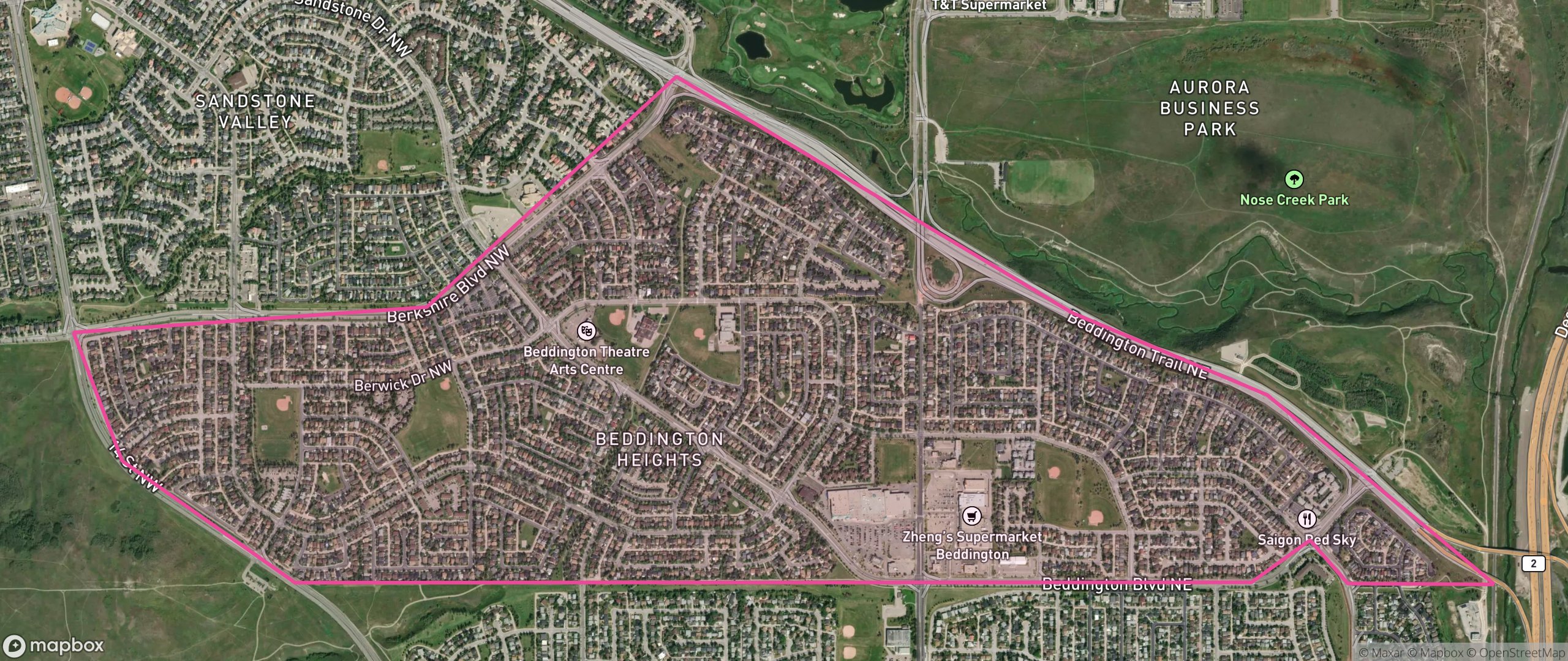 Map of Beddington Heights, Calgary showing the community boundary