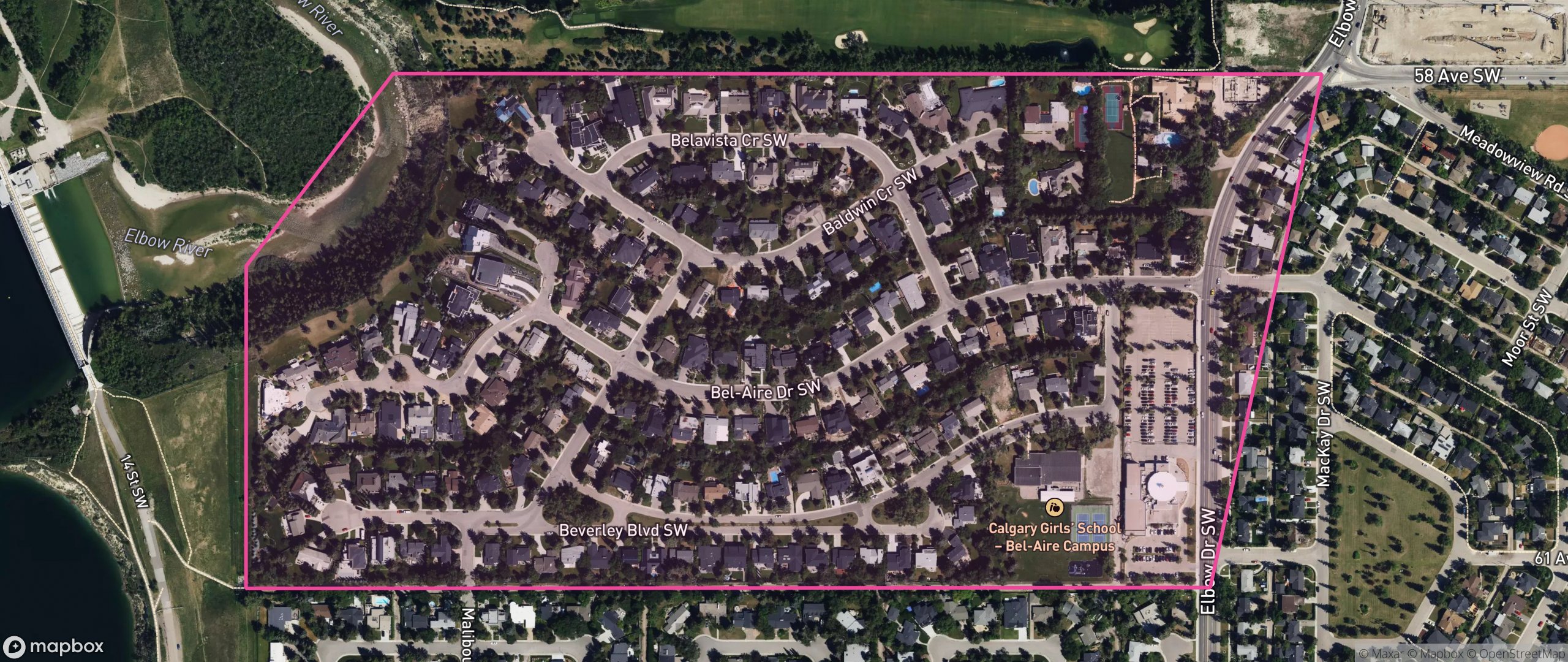 Map of Bel-Aire, Calgary showing the community boundary