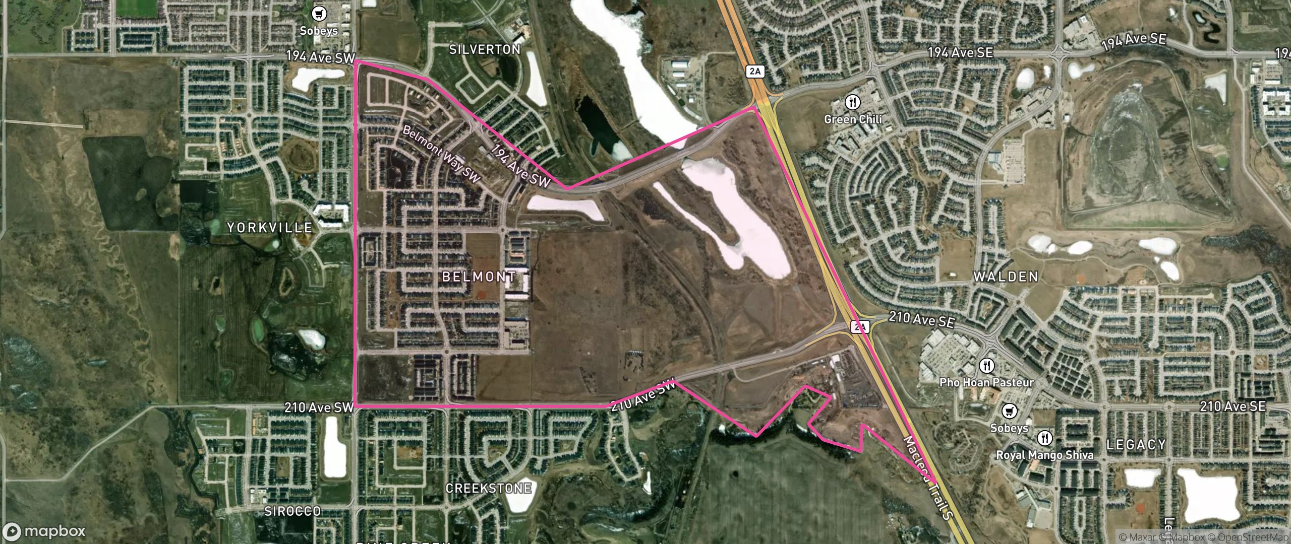 Map of Belmont, Calgary showing the community boundary