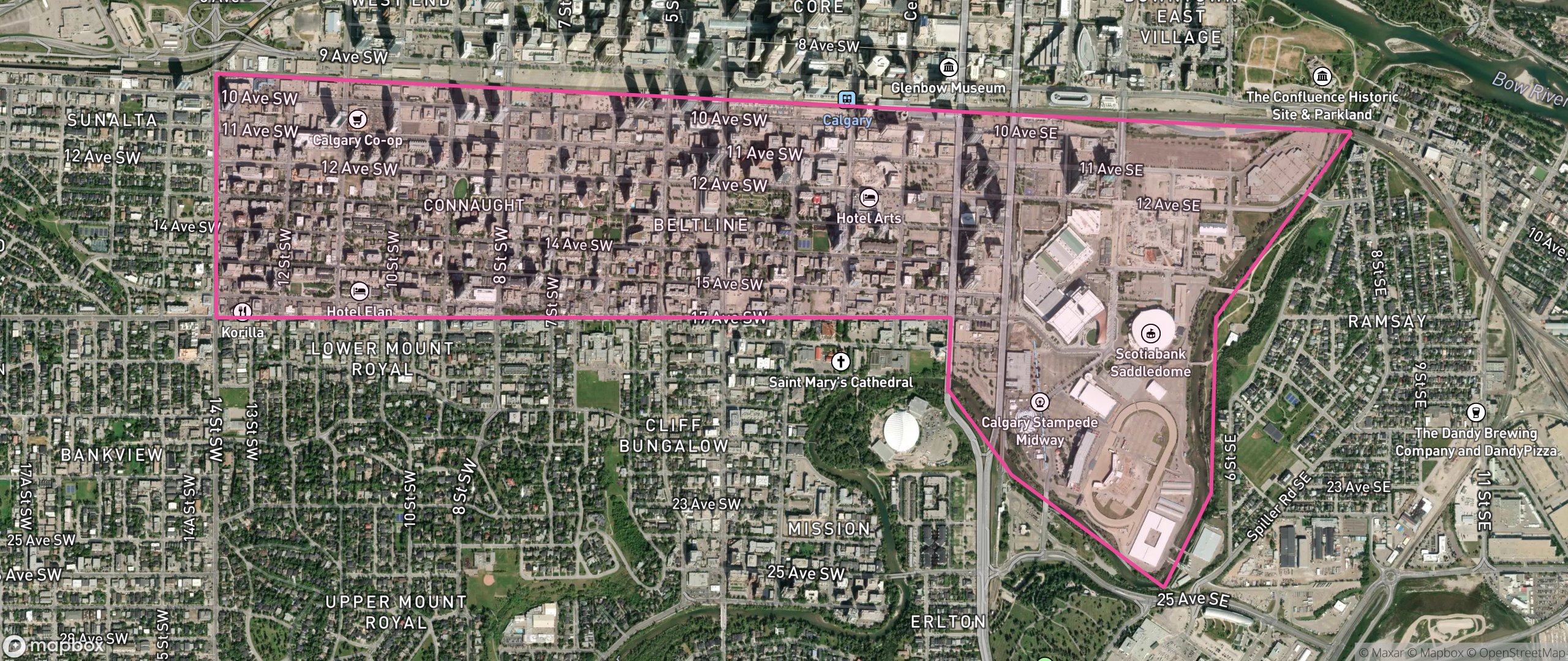 Map of Beltline, Calgary showing the community boundary