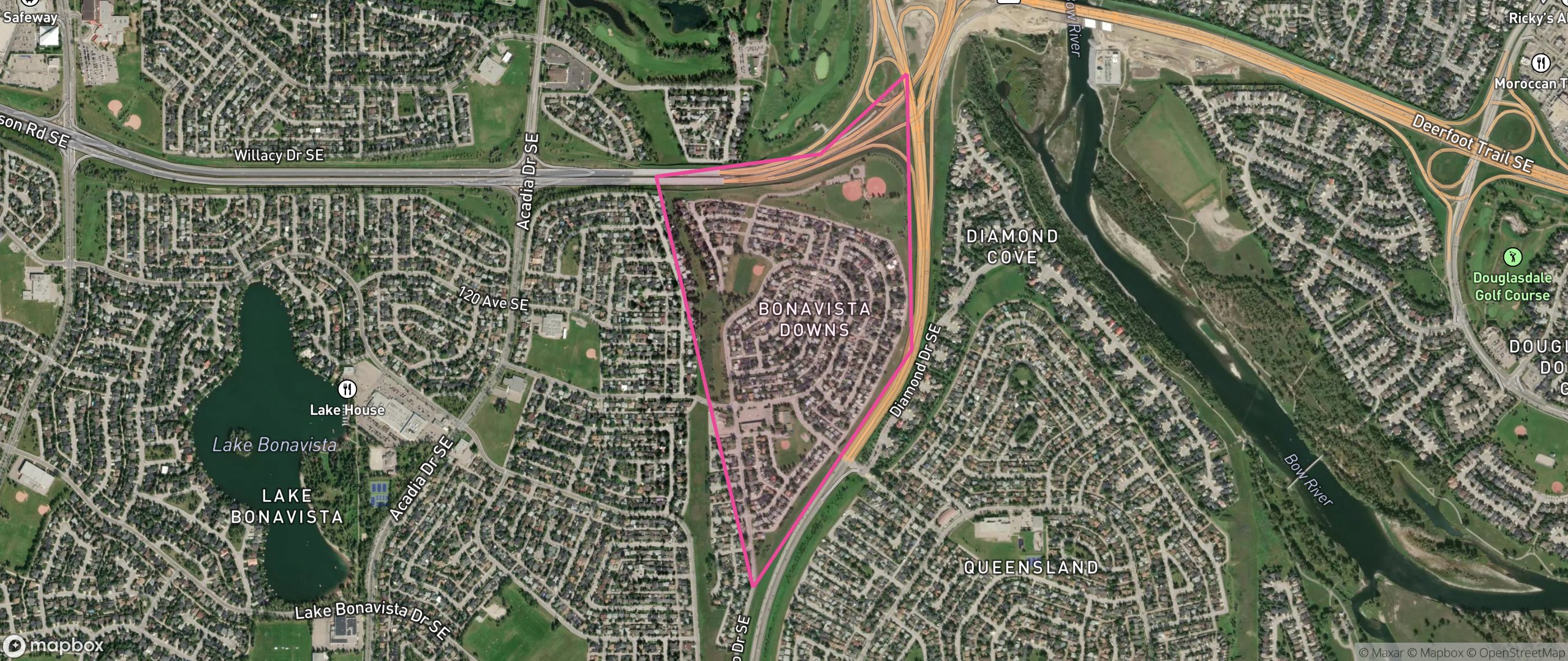Map of Bonavista Downs, Calgary showing the community boundary