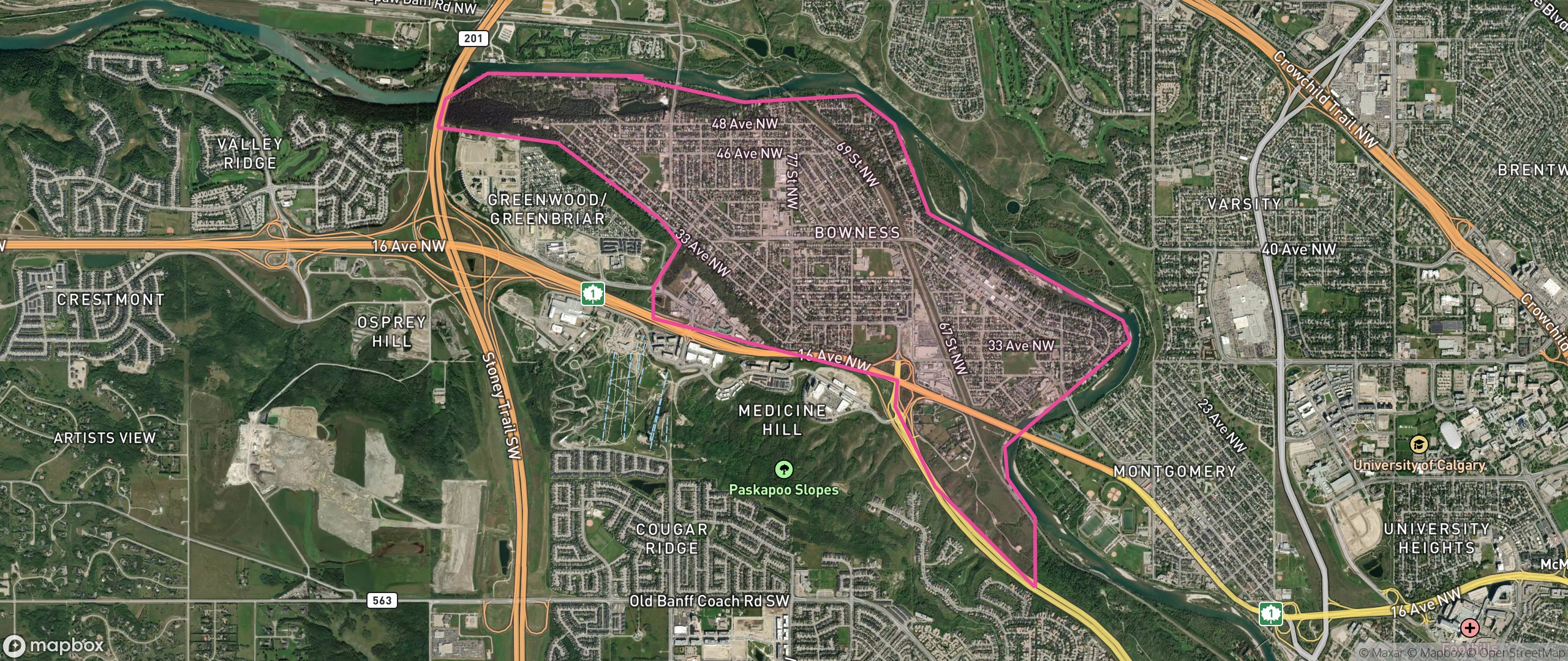 Map of Bowness, Calgary showing the community boundary