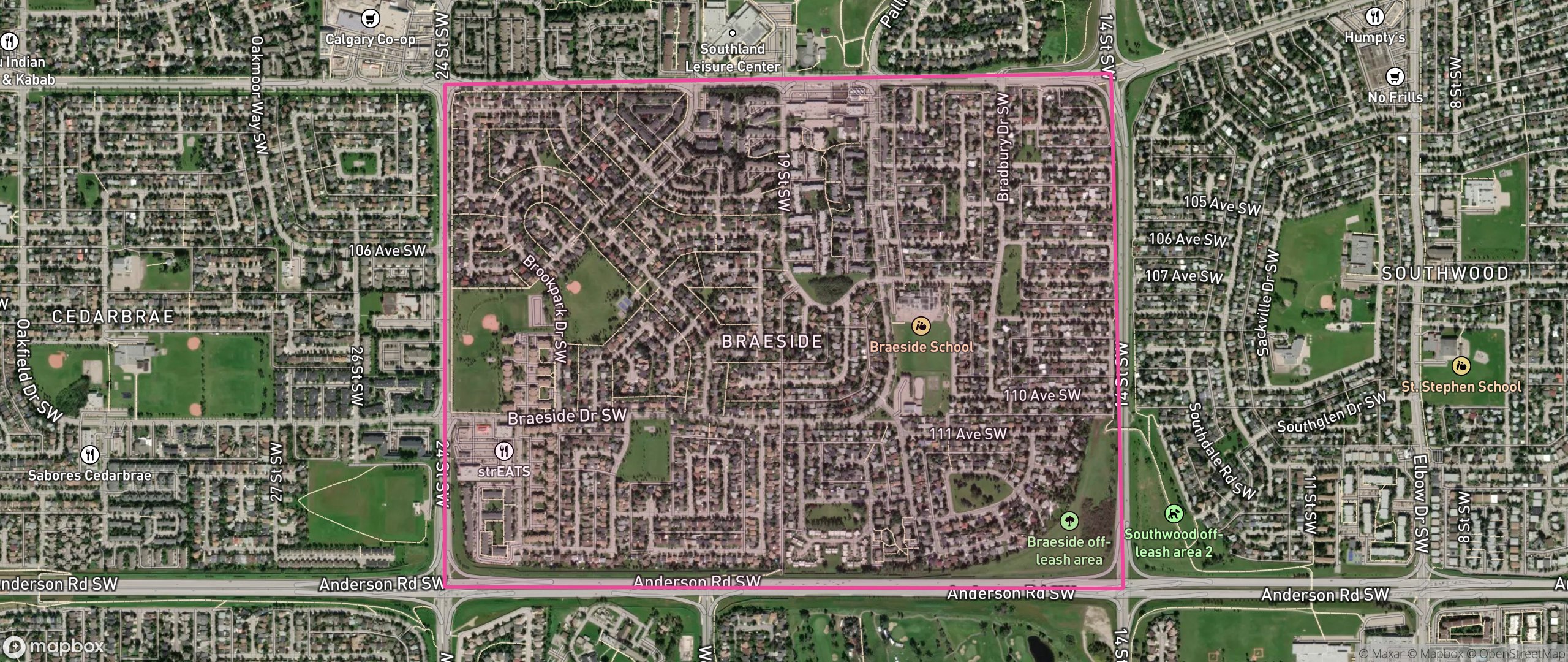Map of Braeside, Calgary showing the community boundary