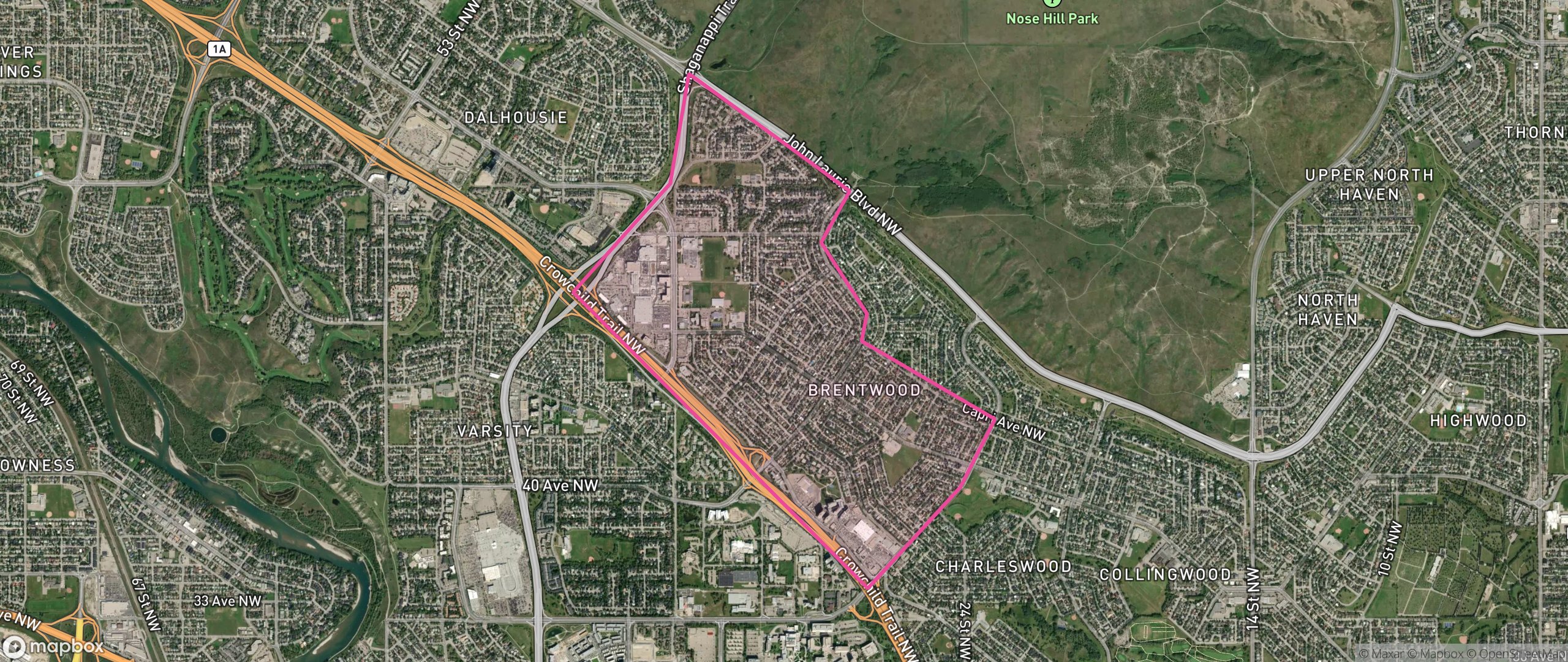Map of Brentwood, Calgary showing the community boundary