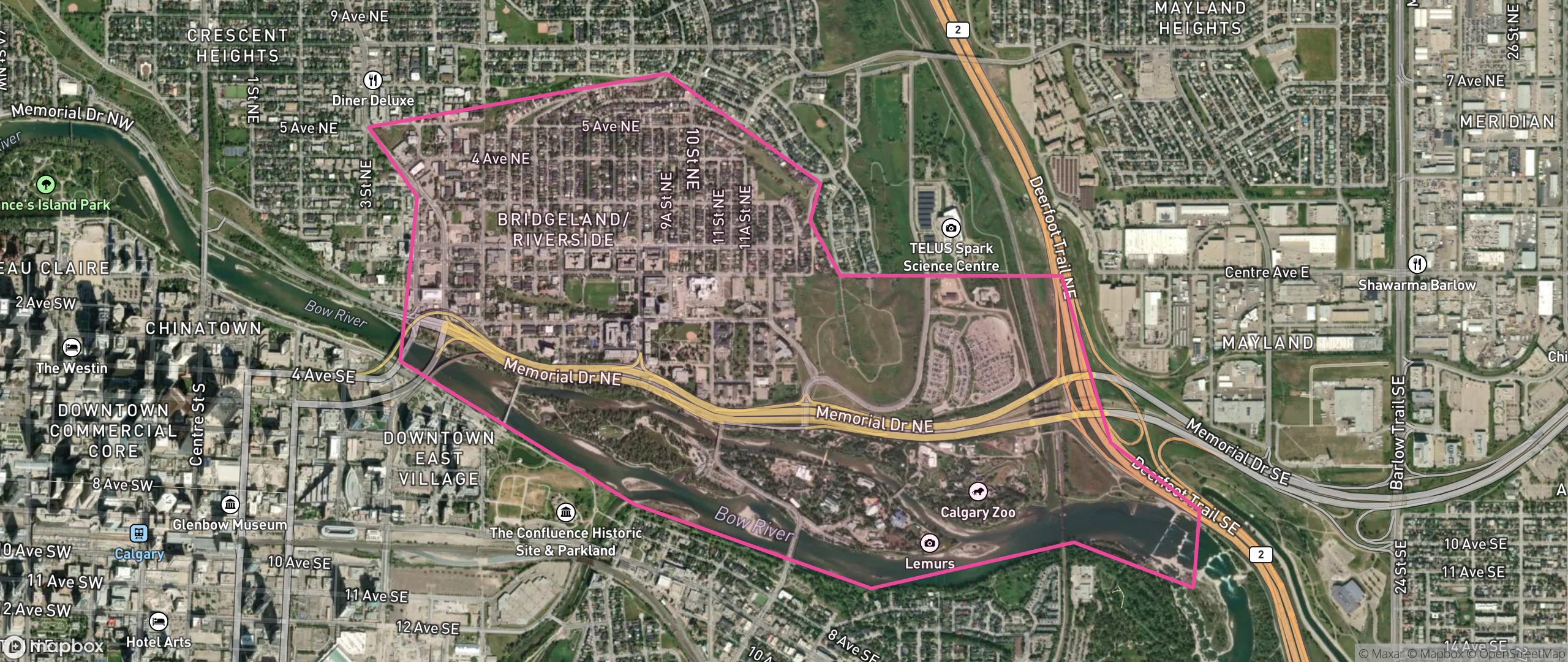 Map of Bridgeland/Riverside, Calgary showing the community boundary