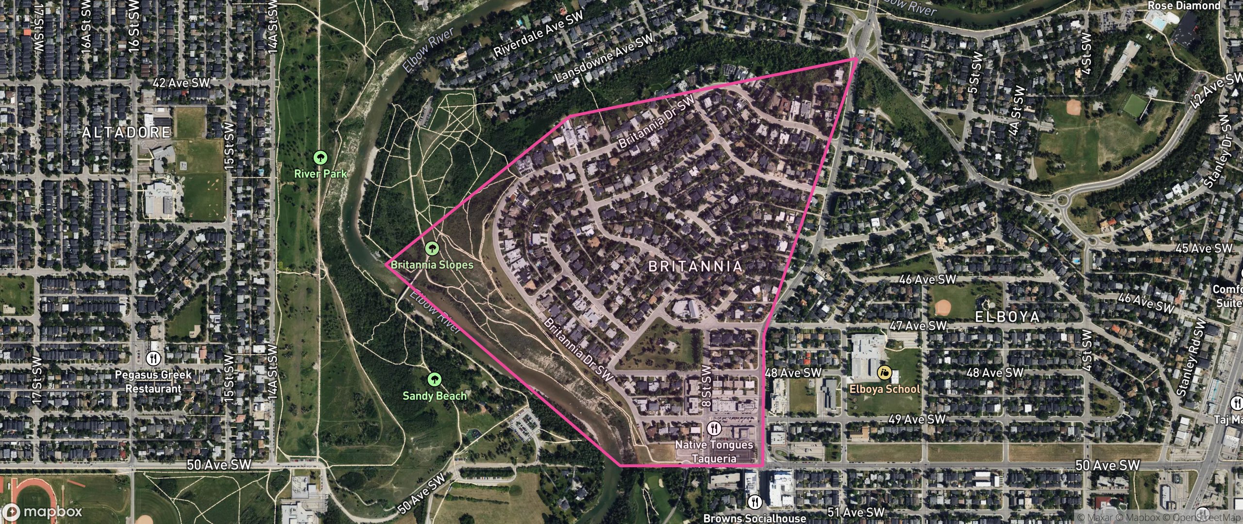 Map of Britannia, Calgary showing the community boundary