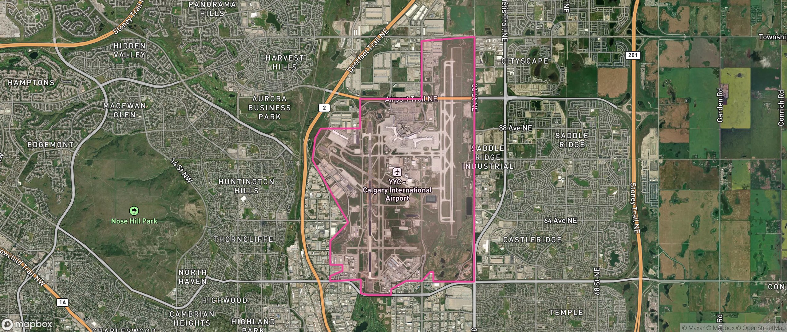 Map of Calgary International Airport, Calgary showing the community boundary