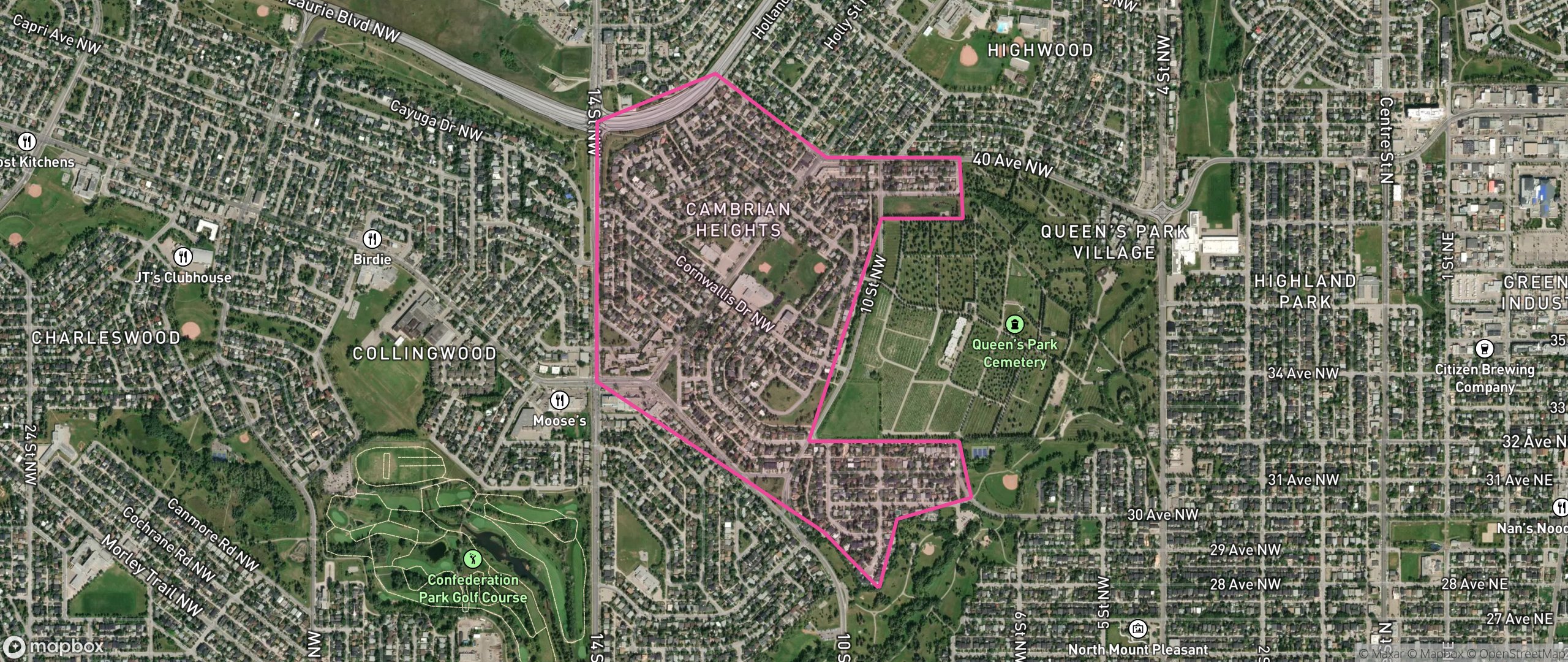 Map of Cambrian Heights, Calgary showing the community boundary