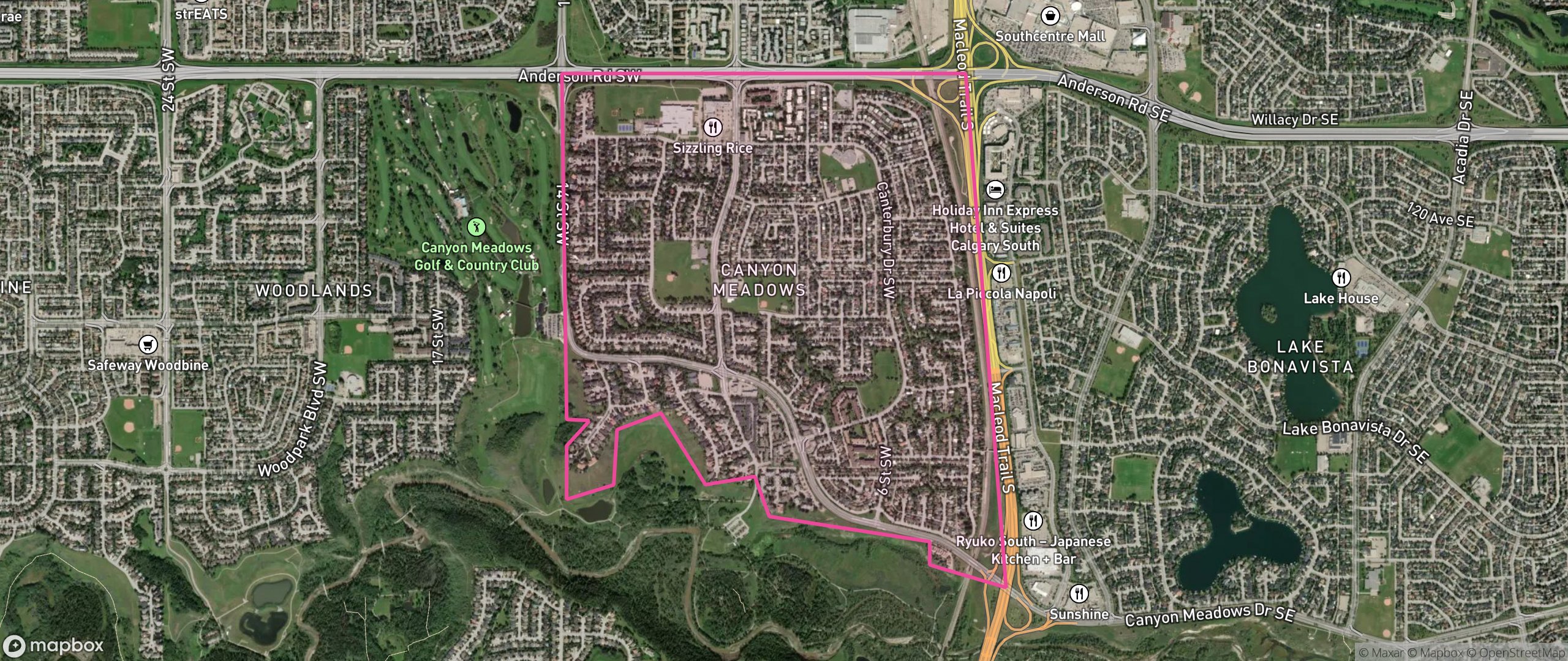 Map of Canyon Meadows, Calgary showing the community boundary