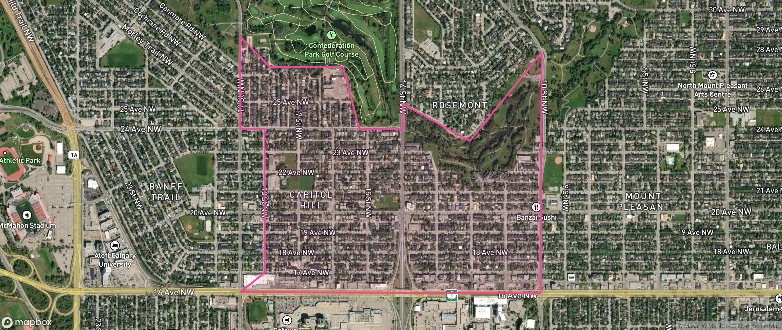 Map of Capitol Hill, Calgary showing the community boundary