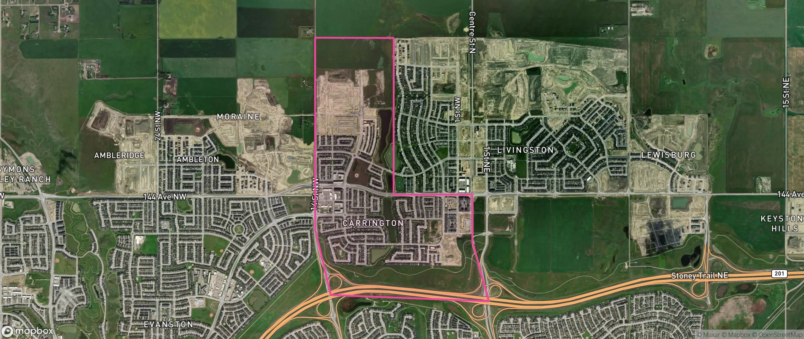 Map of Carrington, Calgary showing the community boundary