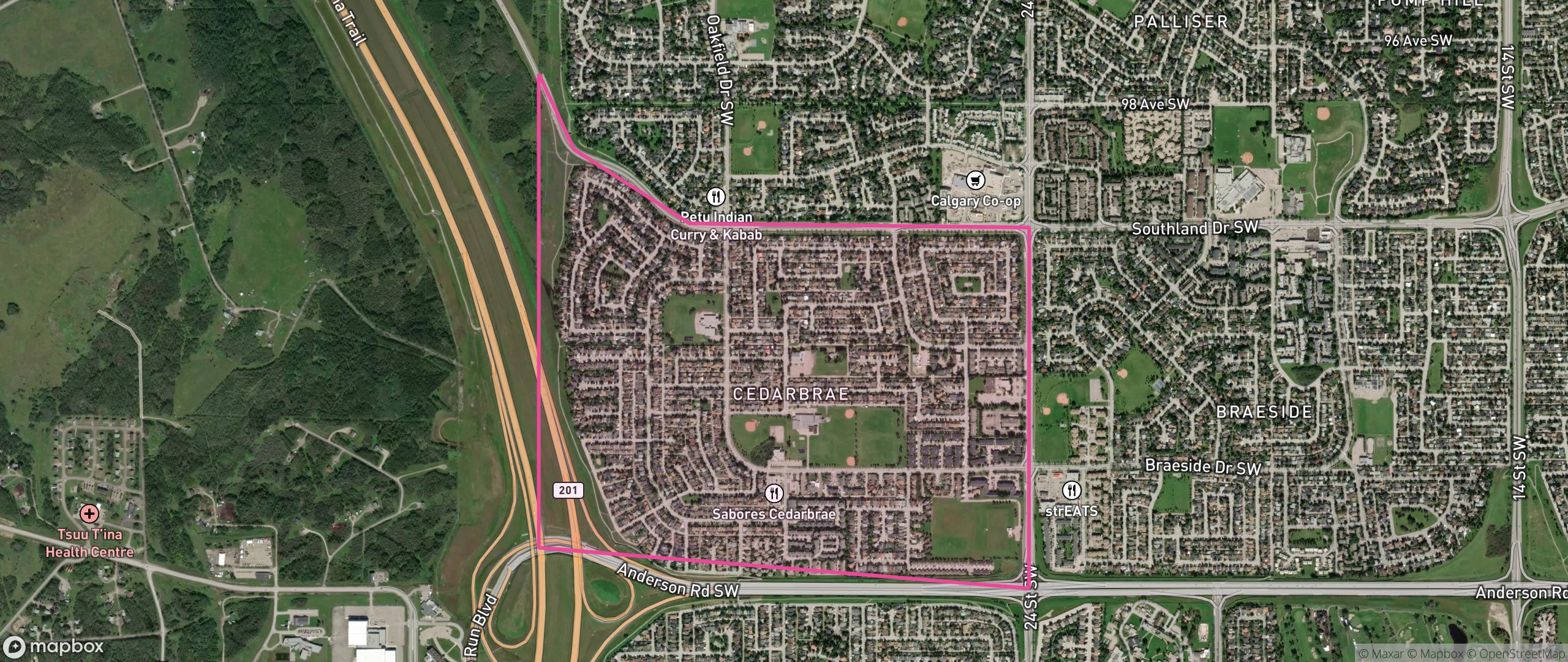 Map of Cedarbrae, Calgary showing the community boundary