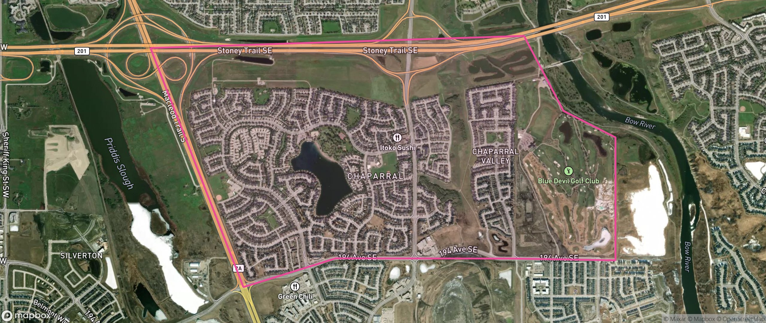Map of Chaparral, Calgary showing the community boundary