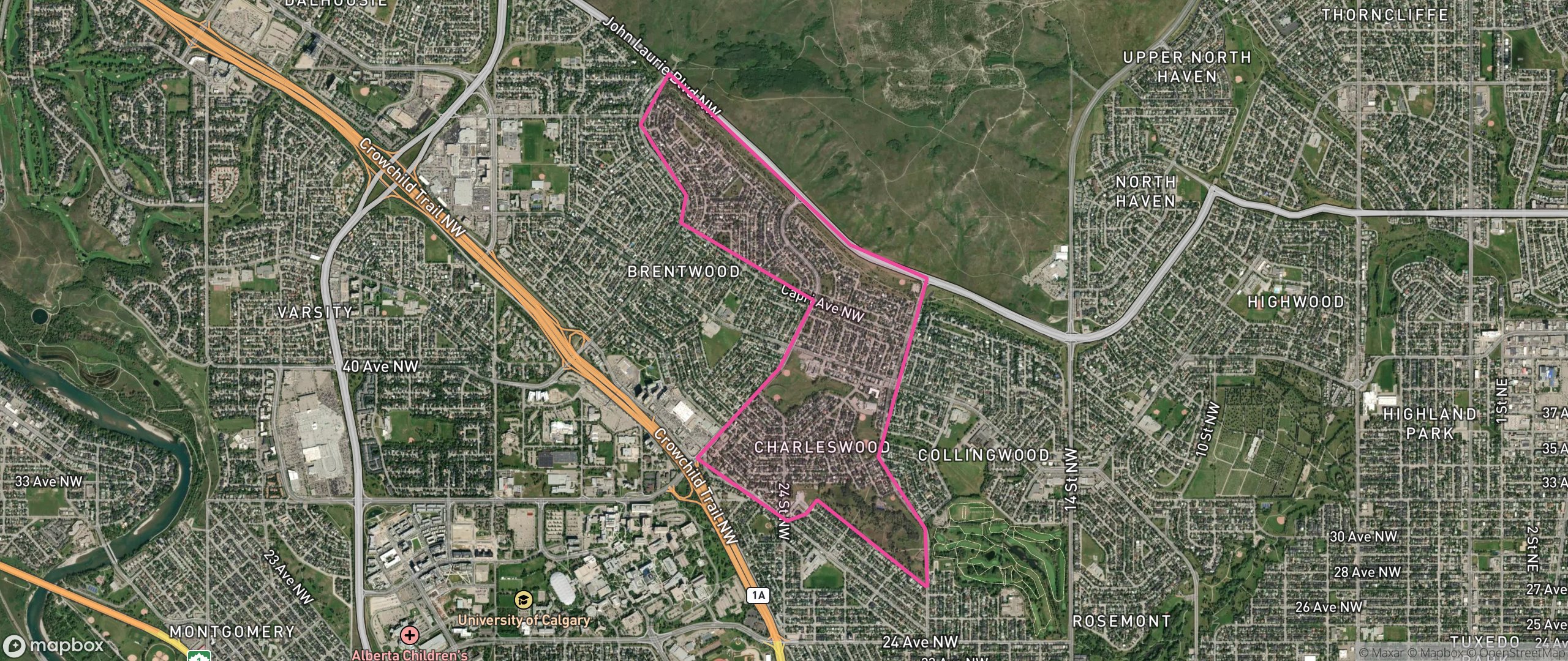 Map of Charleswood, Calgary showing the community boundary