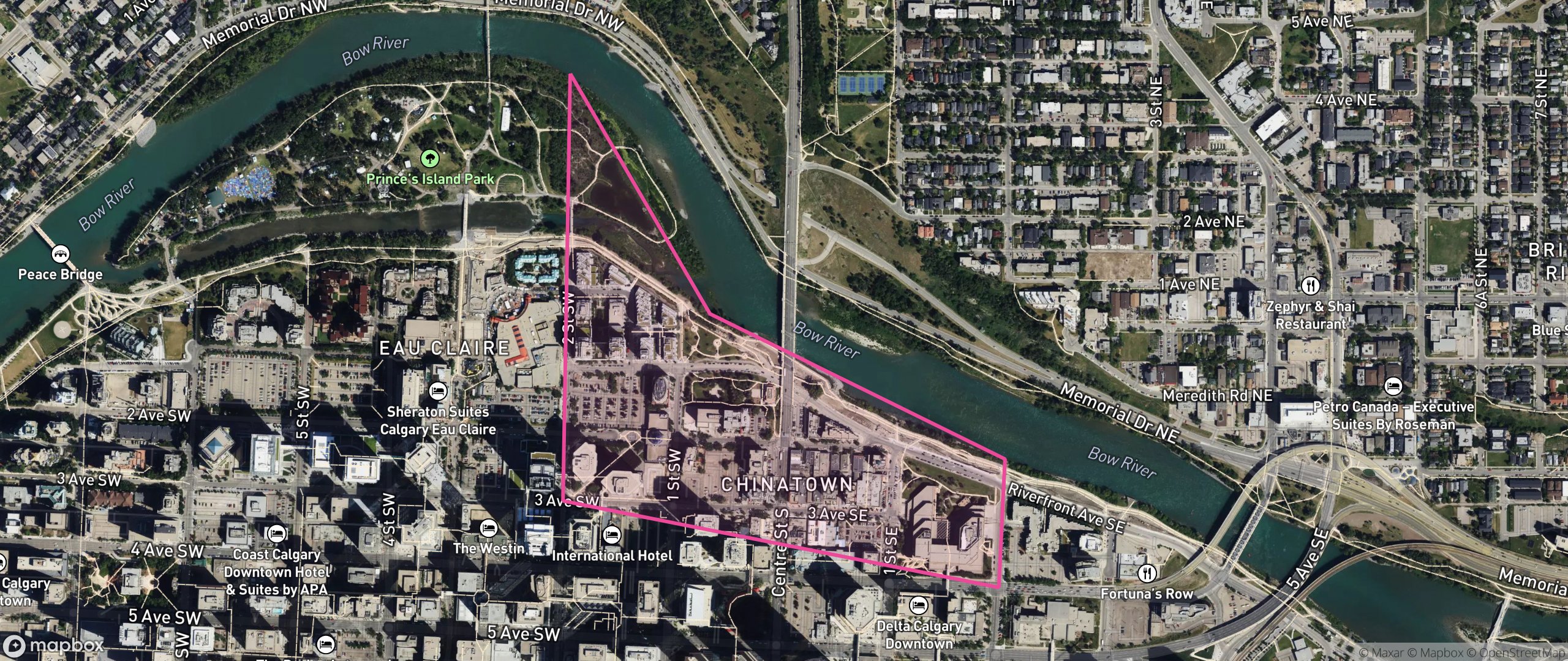 Map of Chinatown, Calgary showing the community boundary