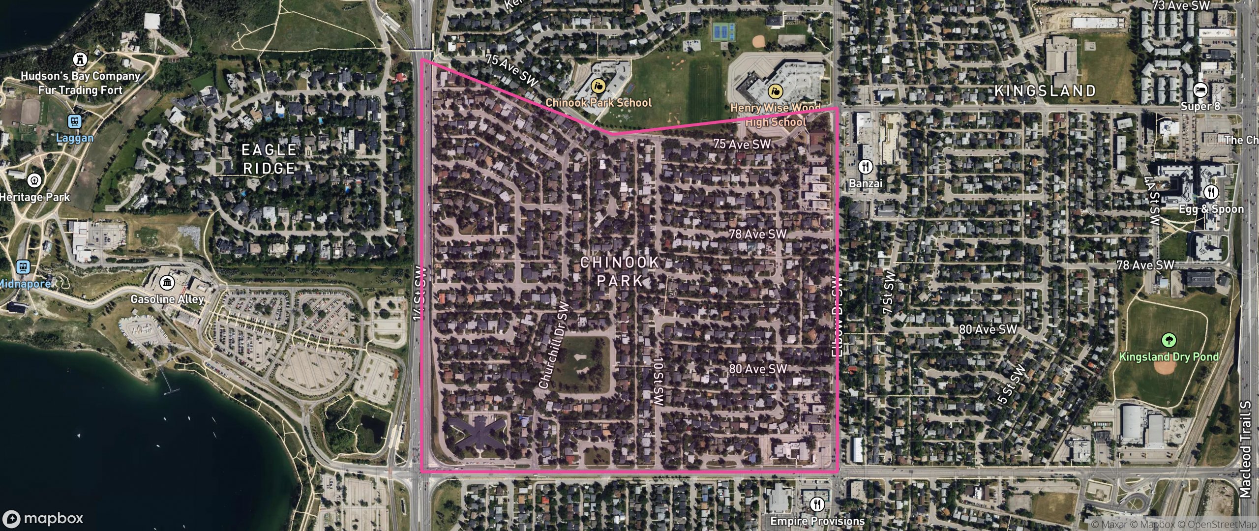 Map of Chinook Park, Calgary showing the community boundary