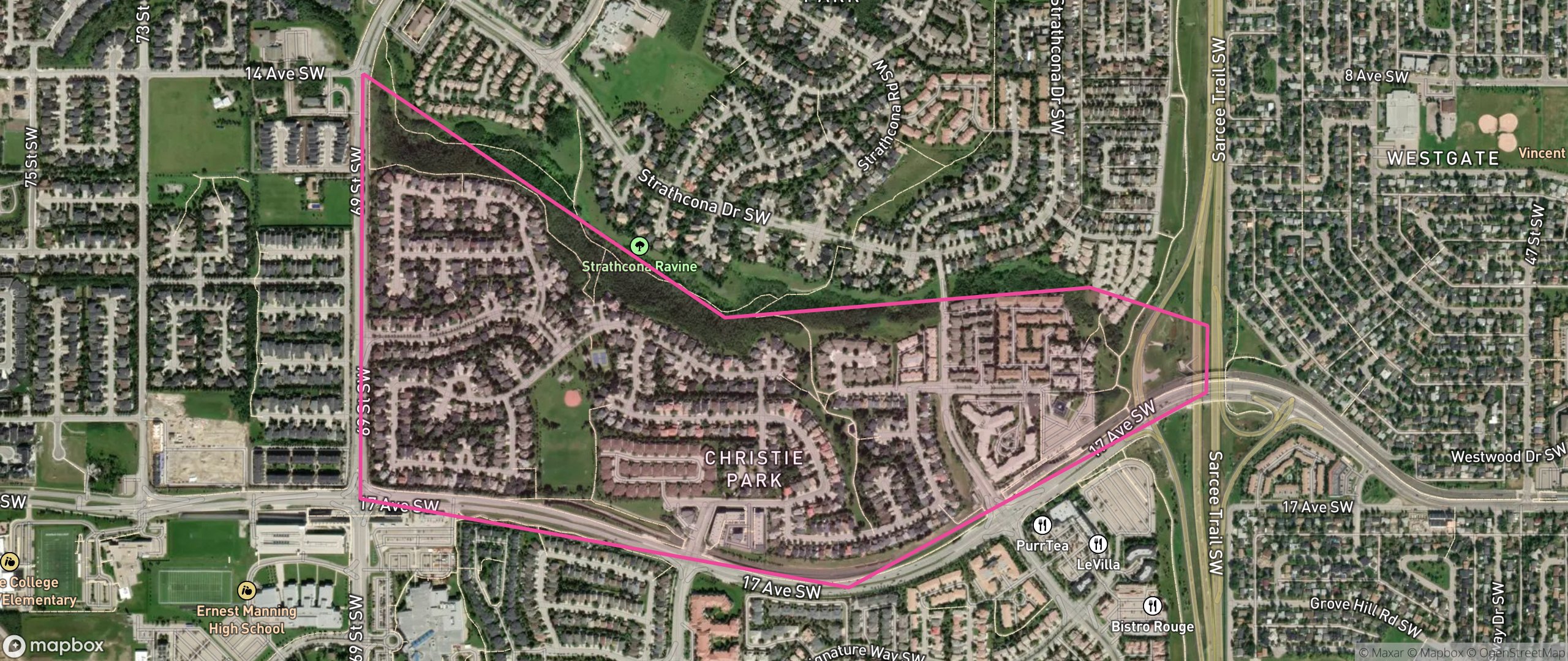 Map of Christie Park, Calgary showing the community boundary