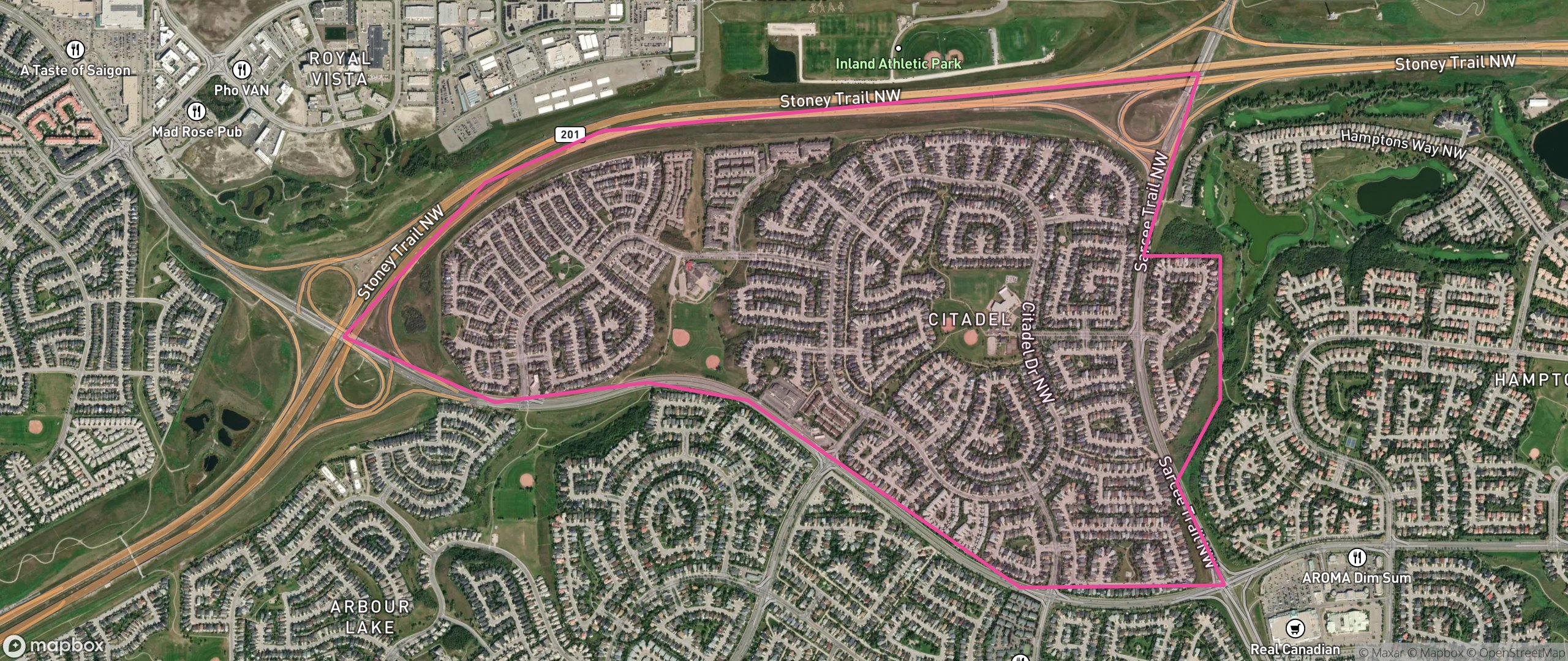 Map of Citadel, Calgary showing the community boundary