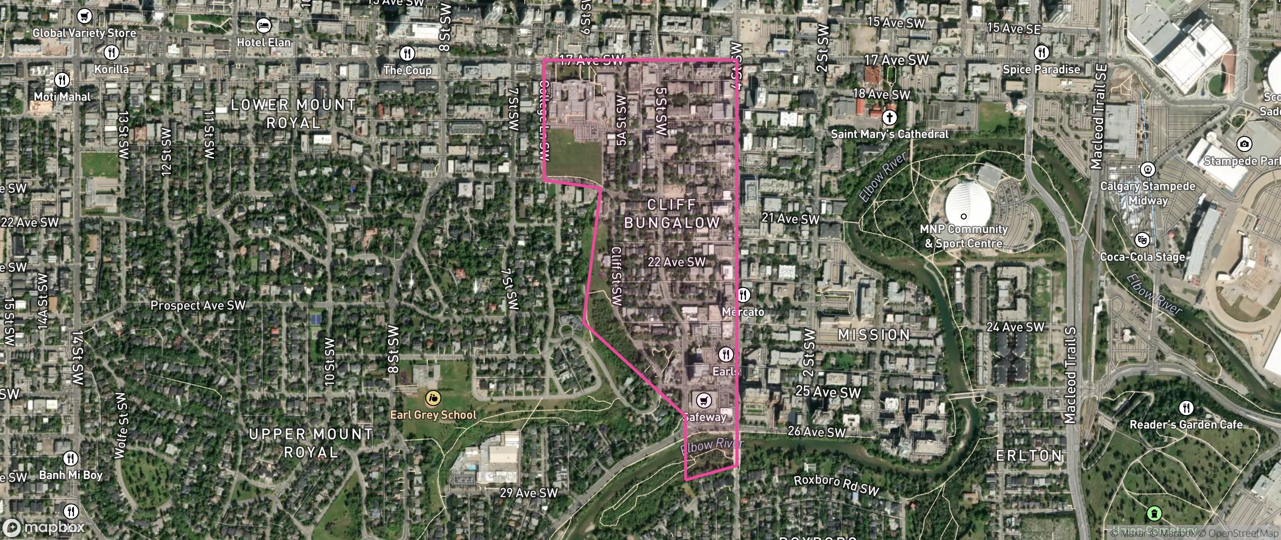 Map of Cliff Bungalow, Calgary showing the community boundary