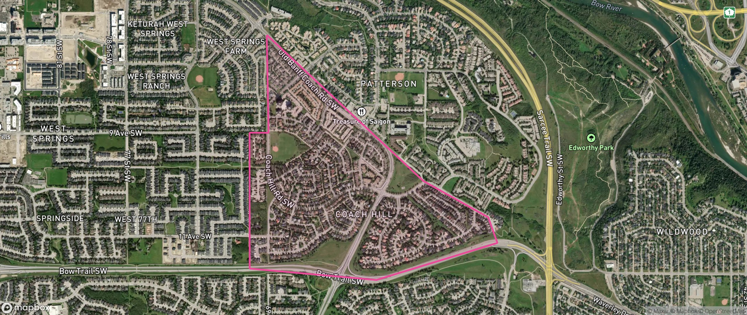 Map of Coach Hill, Calgary showing the community boundary