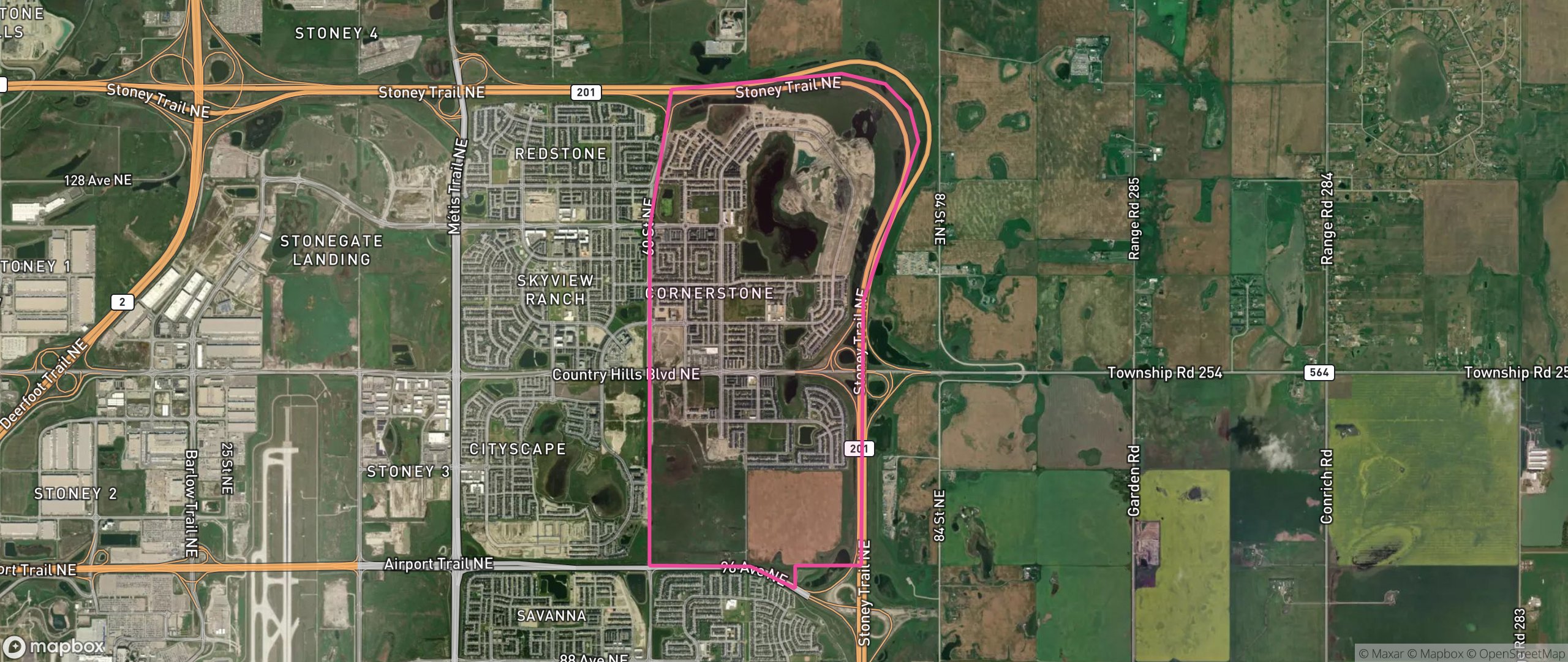 Map of Cornerstone, Calgary showing the community boundary