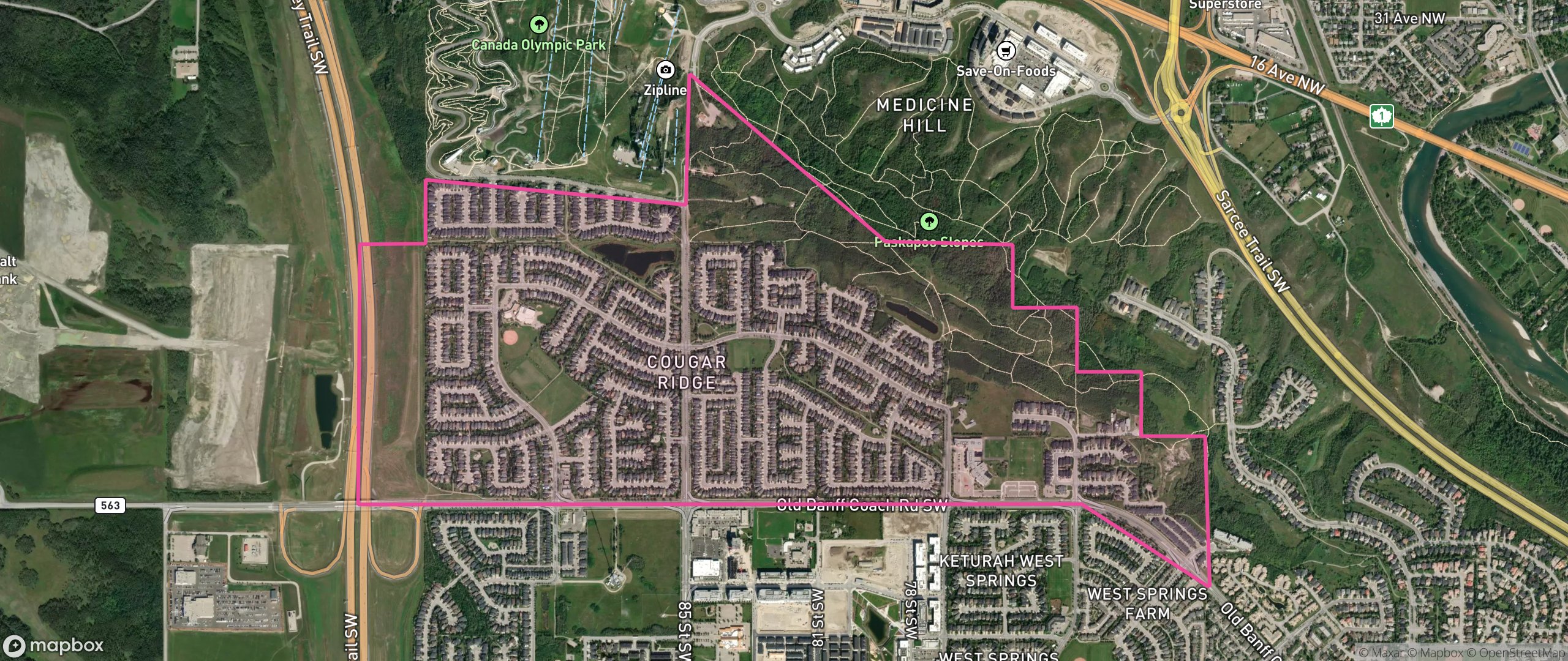 Map of Cougar Ridge, Calgary showing the community boundary