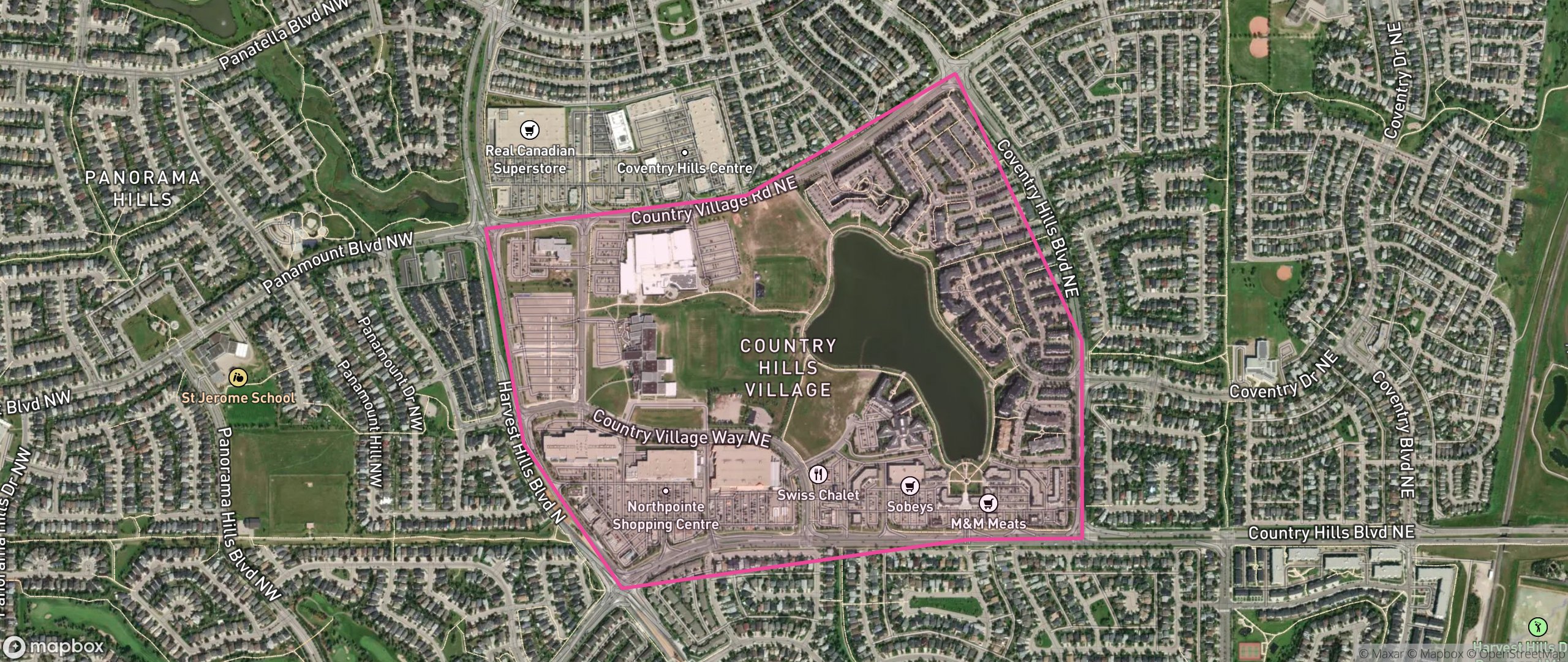 Map of Country Hills Village, Calgary showing the community boundary