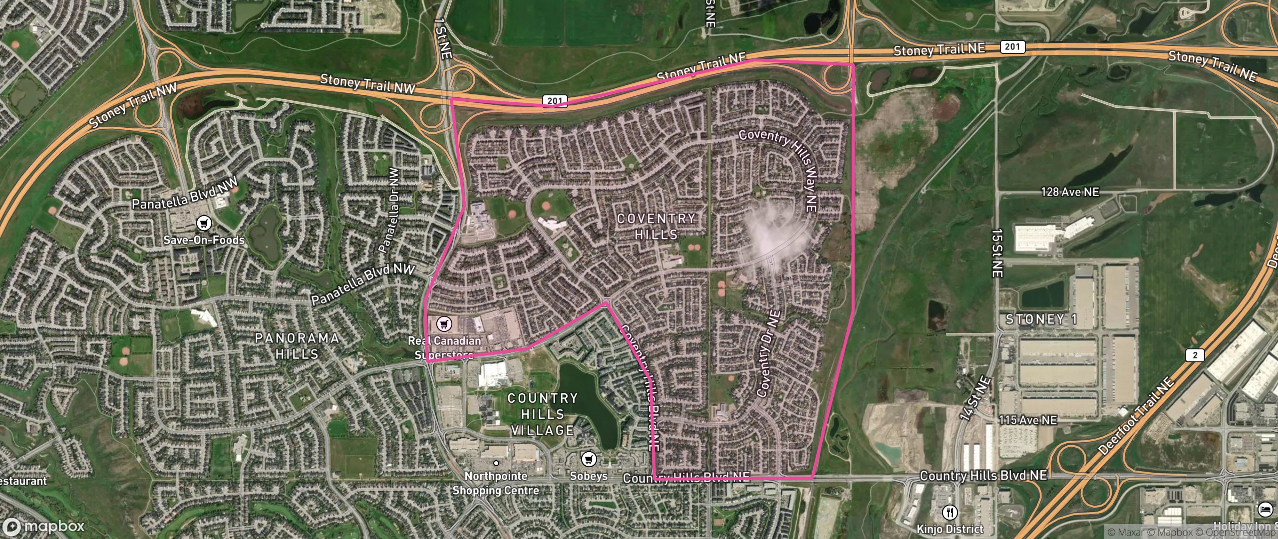 Map of Coventry Hills, Calgary showing the community boundary