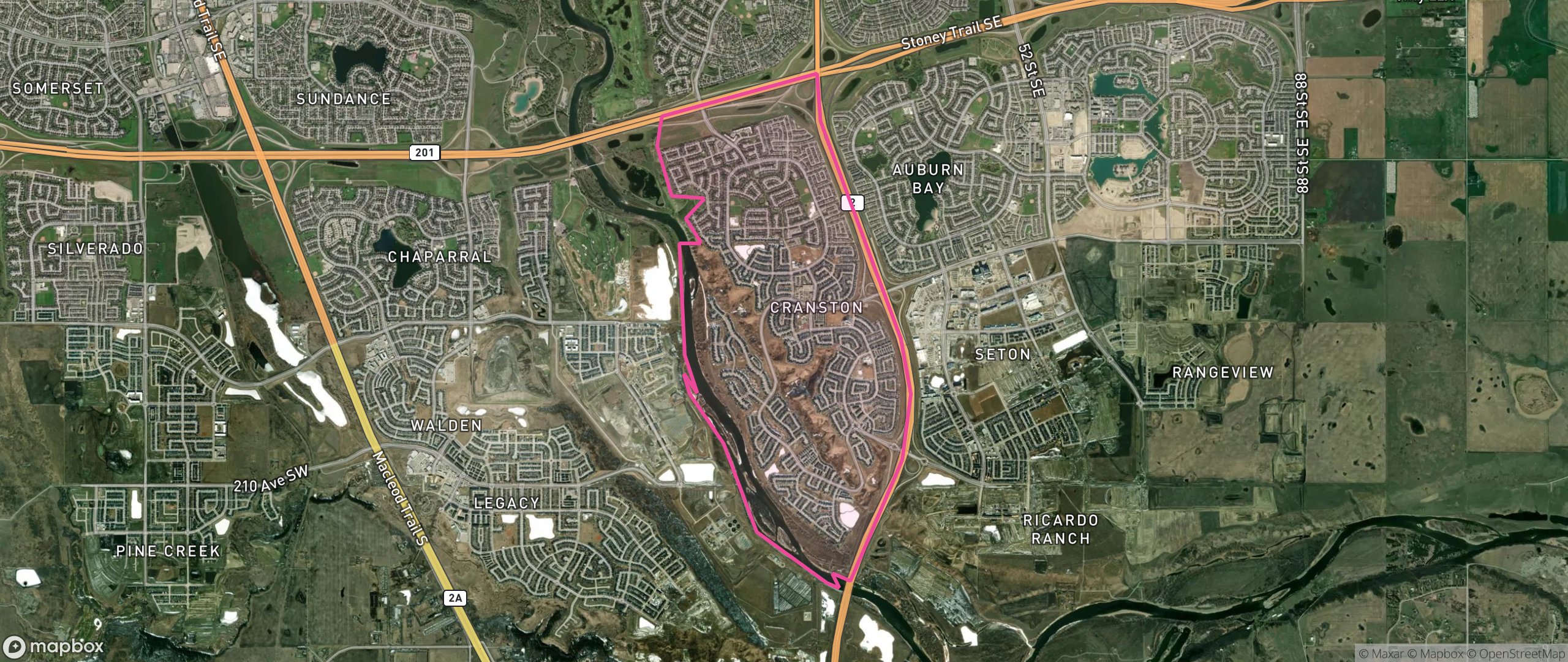 Map of Cranston, Calgary showing the community boundary