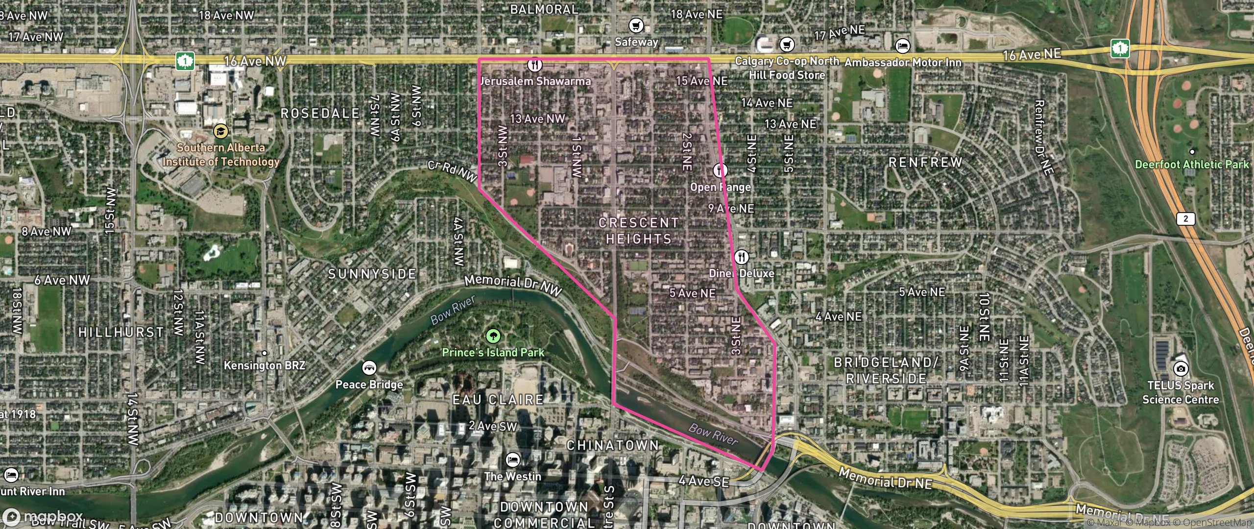 Map of Crescent Heights, Calgary showing the community boundary
