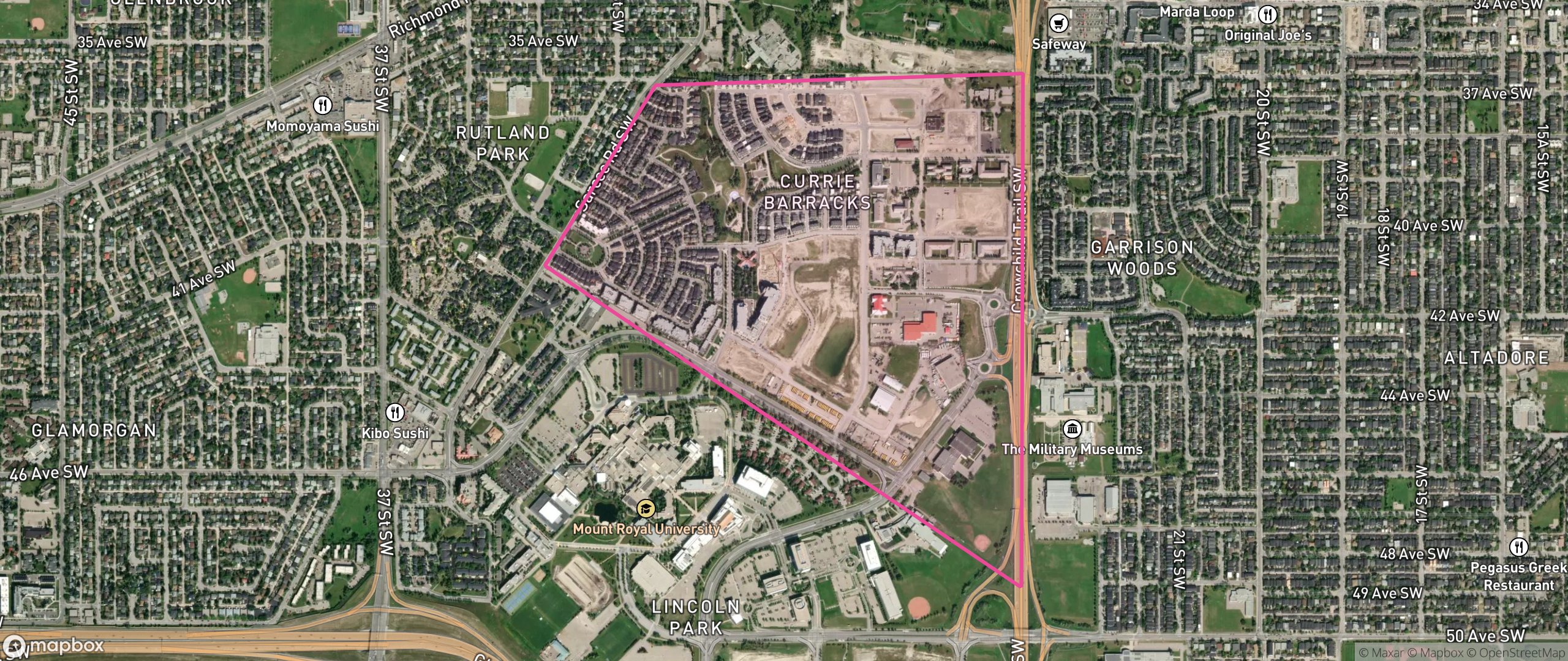 Map of Currie Barracks, Calgary showing the community boundary