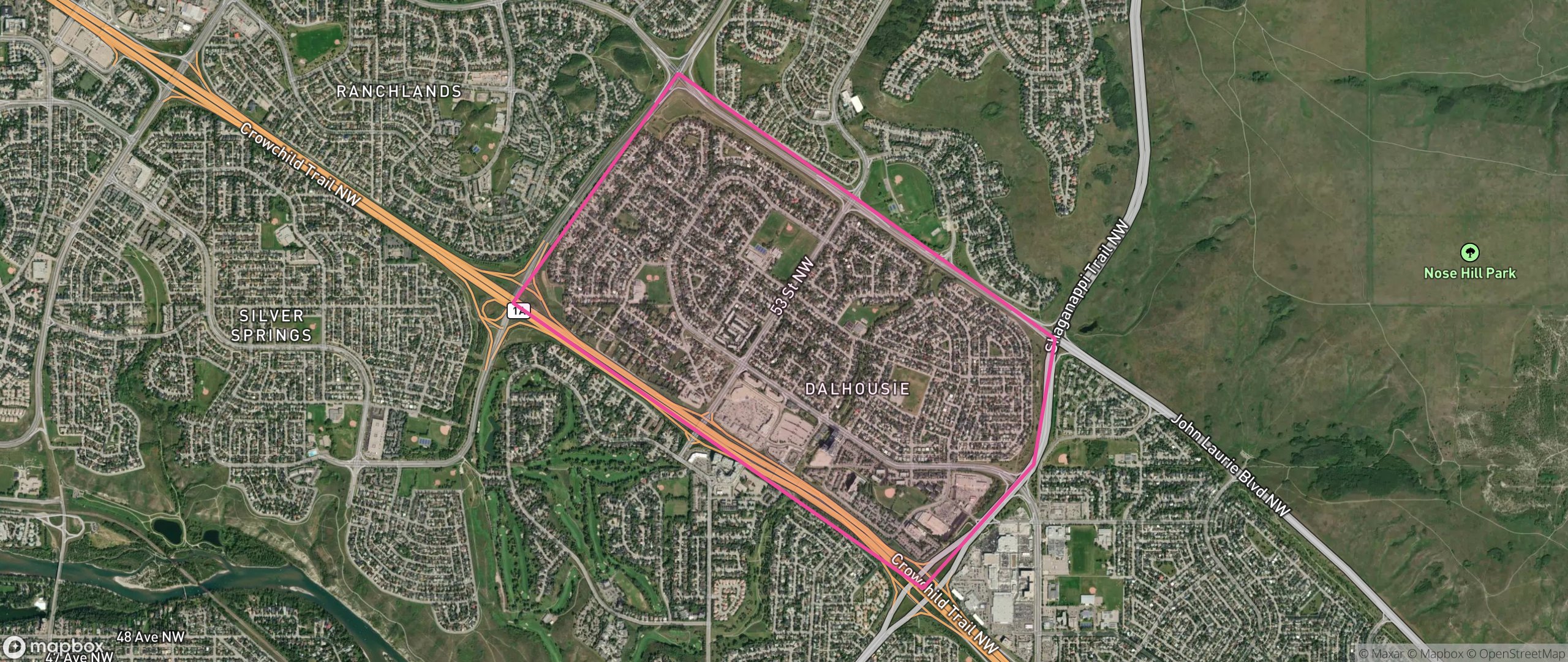 Map of Dalhousie, Calgary showing the community boundary