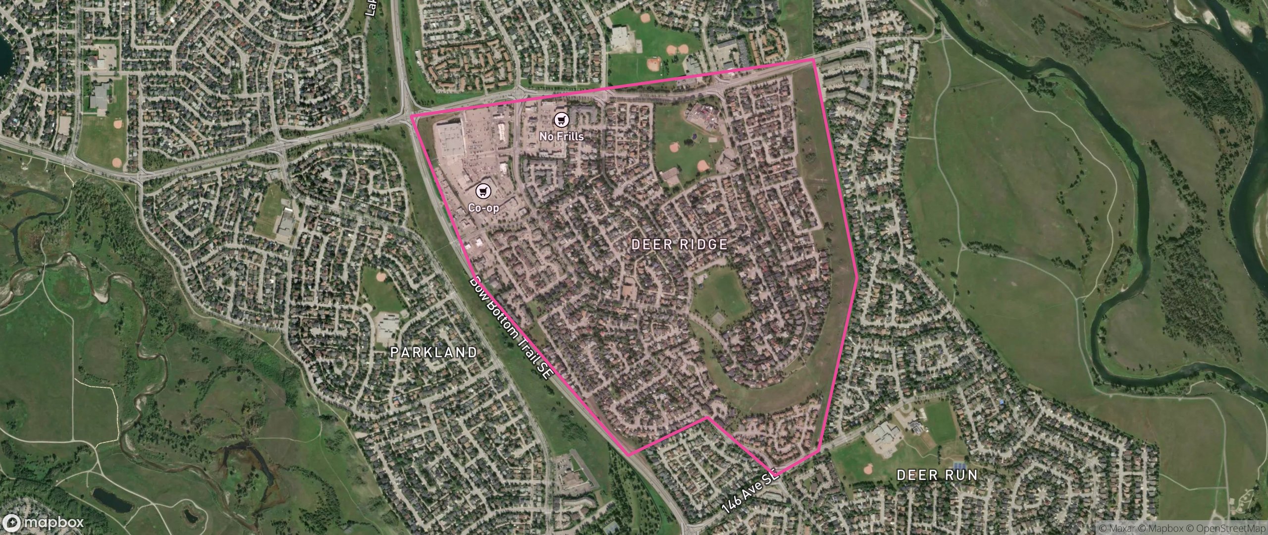 Map of Deer Ridge, Calgary showing the community boundary