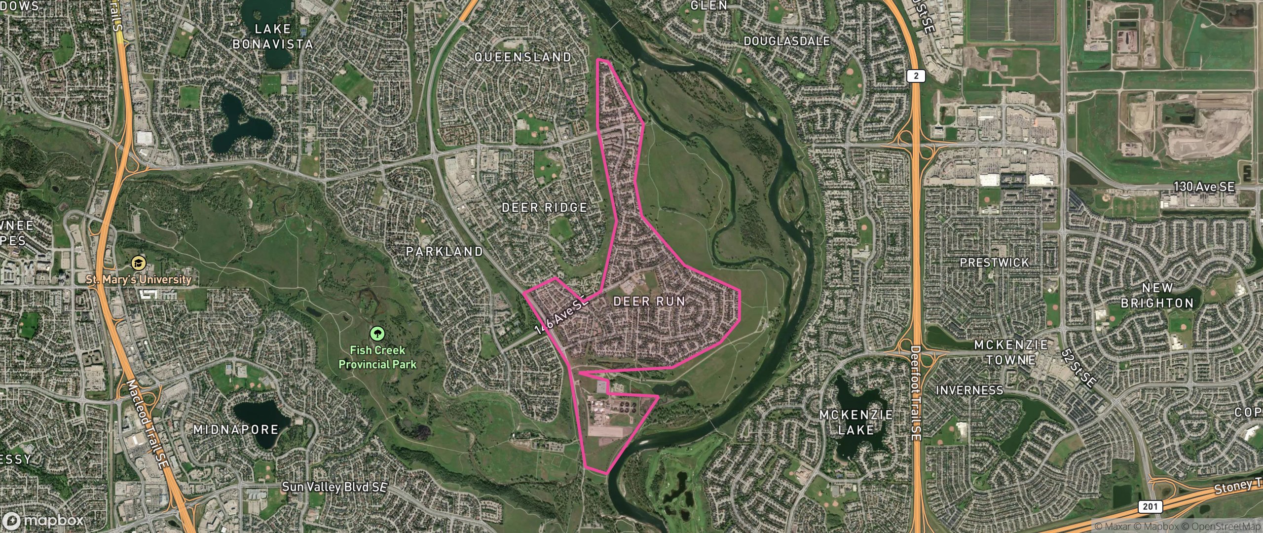 Map of Deer Run, Calgary showing the community boundary