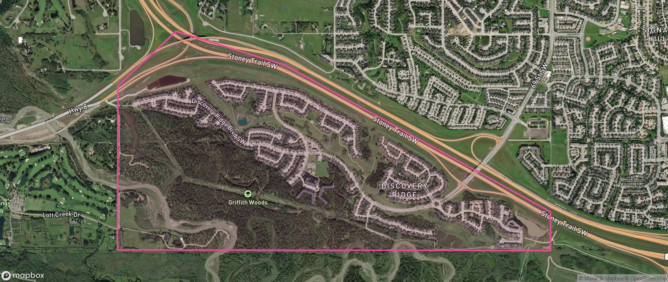 Map of Discovery Ridge, Calgary showing the community boundary