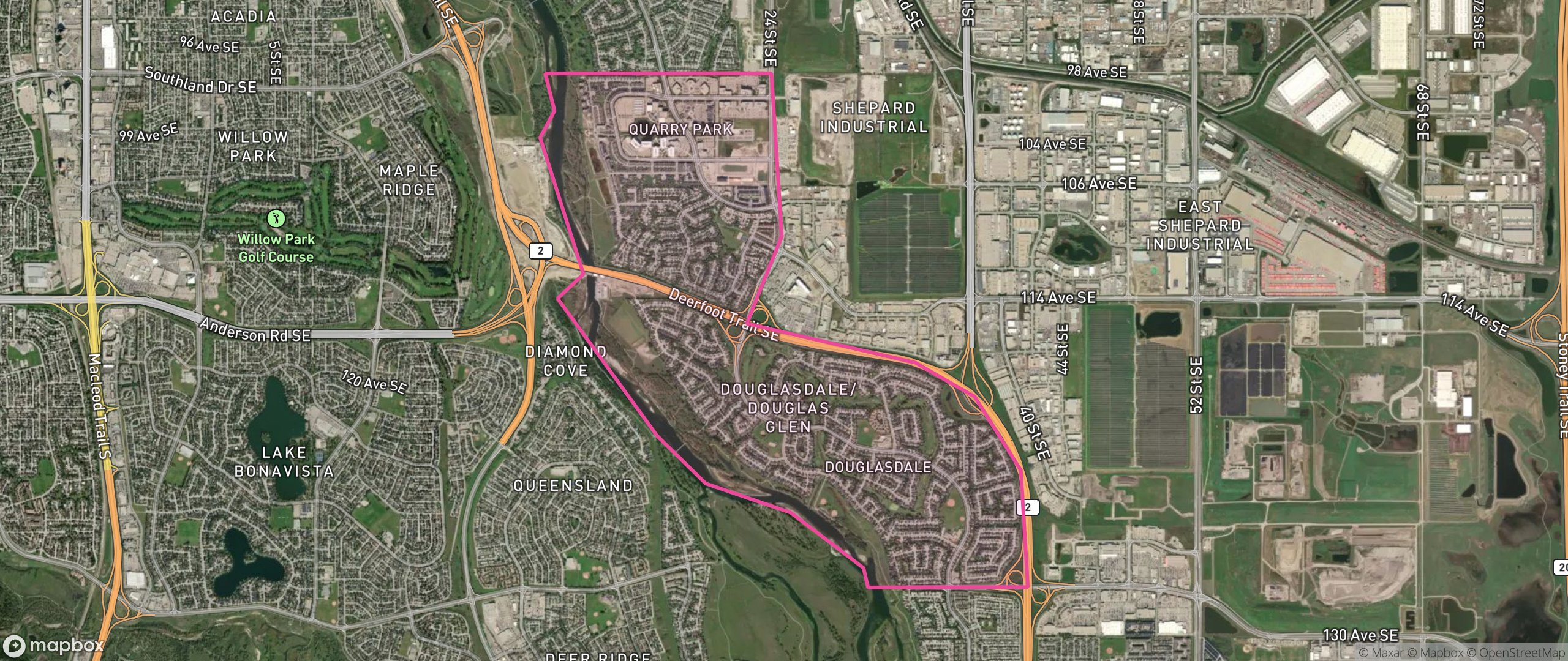 Map of Douglasdale/Glen, Calgary showing the community boundary