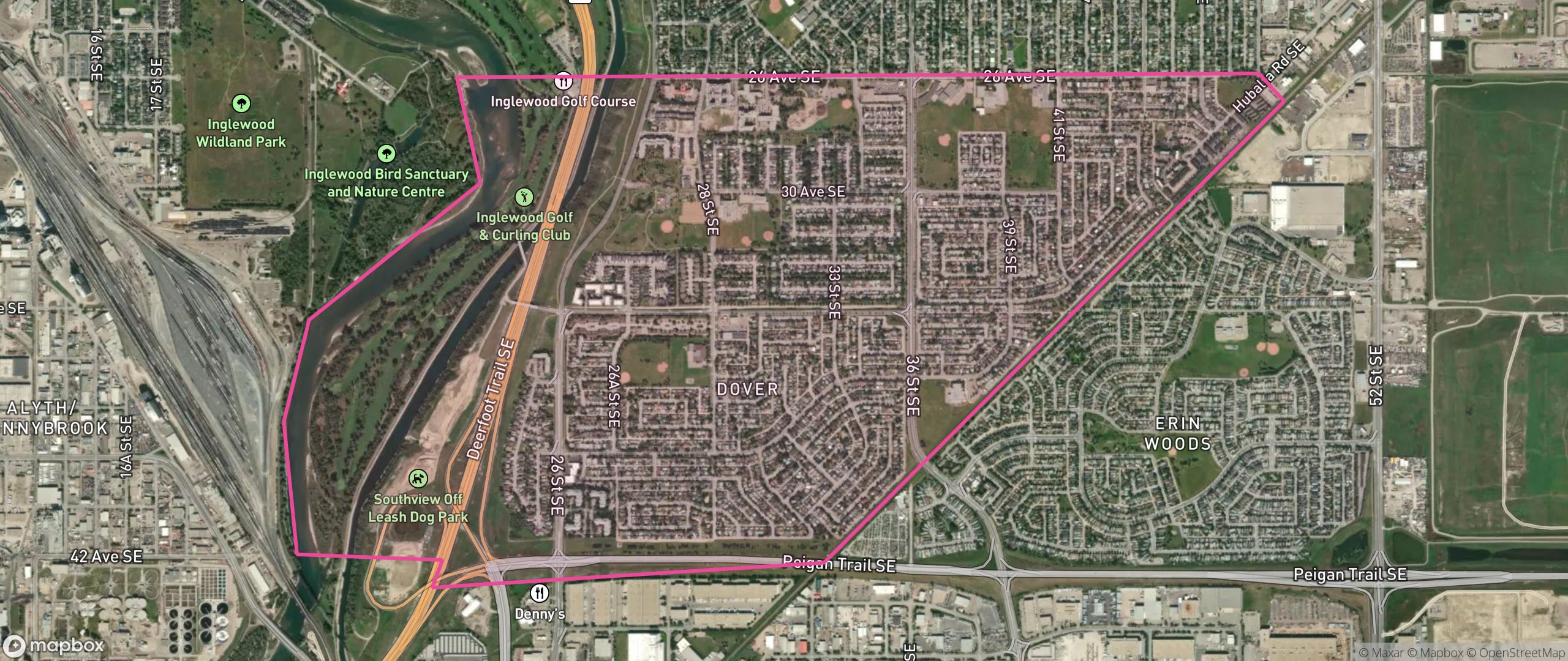 Map of Dover, Calgary showing the community boundary