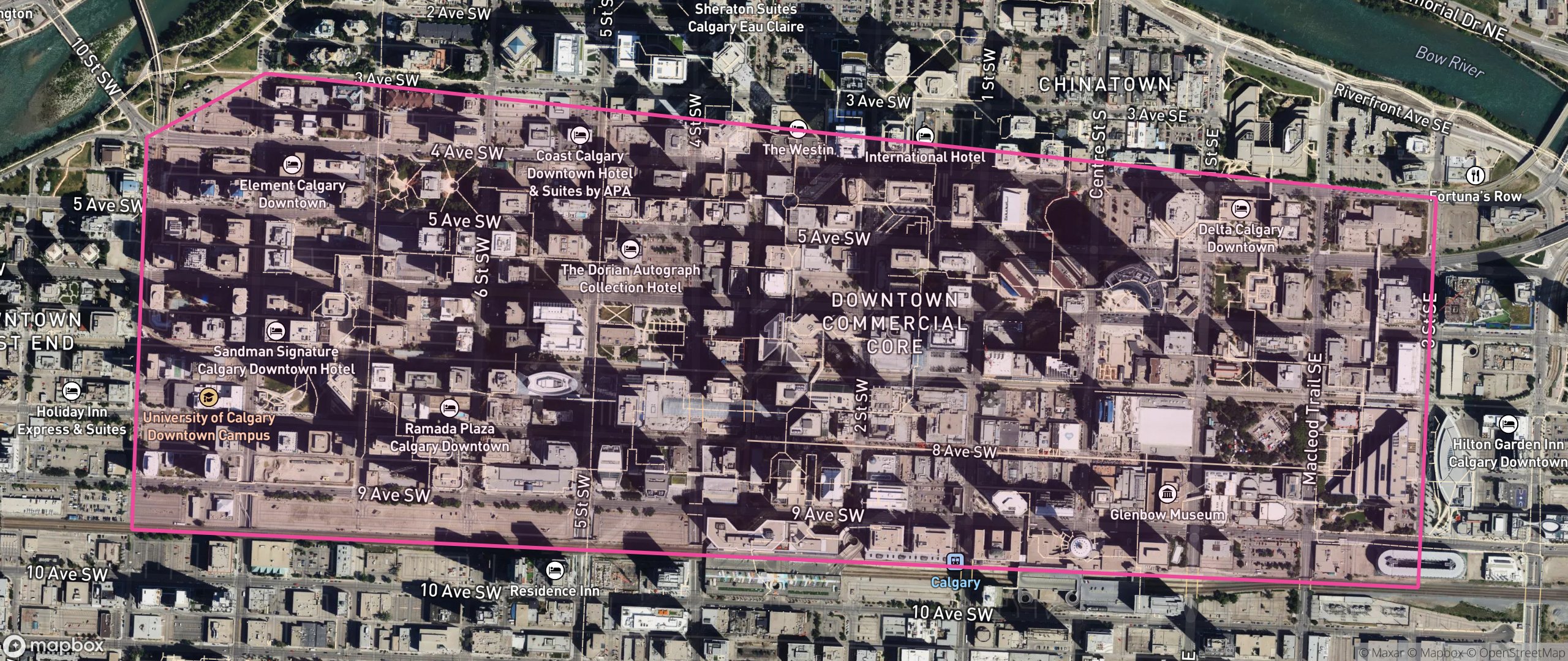 Map of Downtown Commercial Core, Calgary showing the community boundary