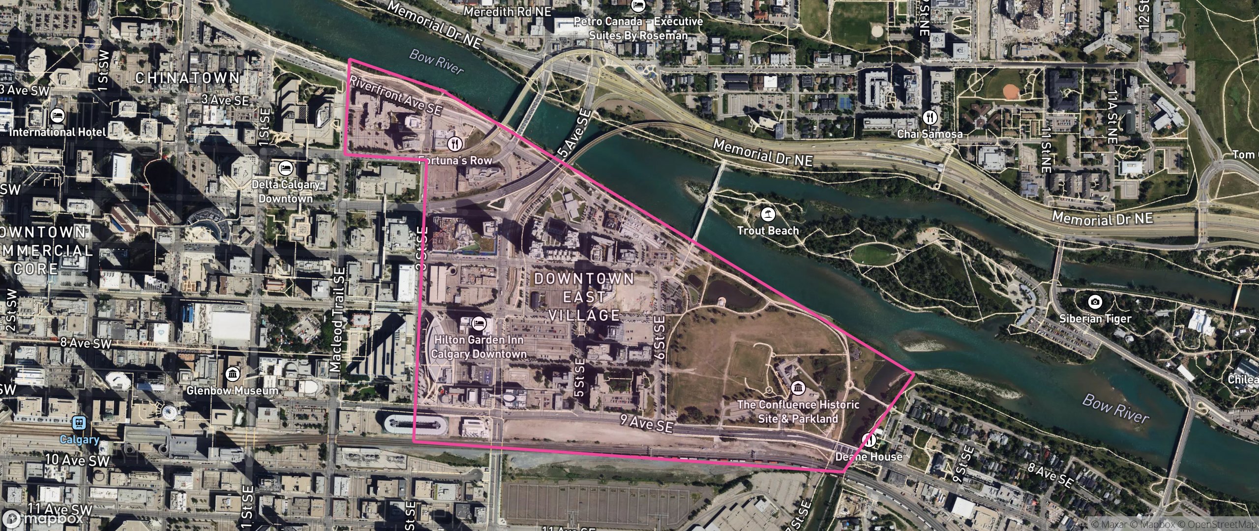 Map of Downtown East Village, Calgary showing the community boundary